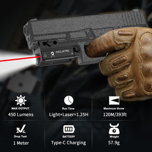 AUCLAYTEC 450 Lumen Pistol Flashlight Red Beam Laser Light Combo Gun Light, Compact Pistol Laser Flashlight Combo USB-C Rechargeable Tactical Flashlight for GL or Picatinny Rail