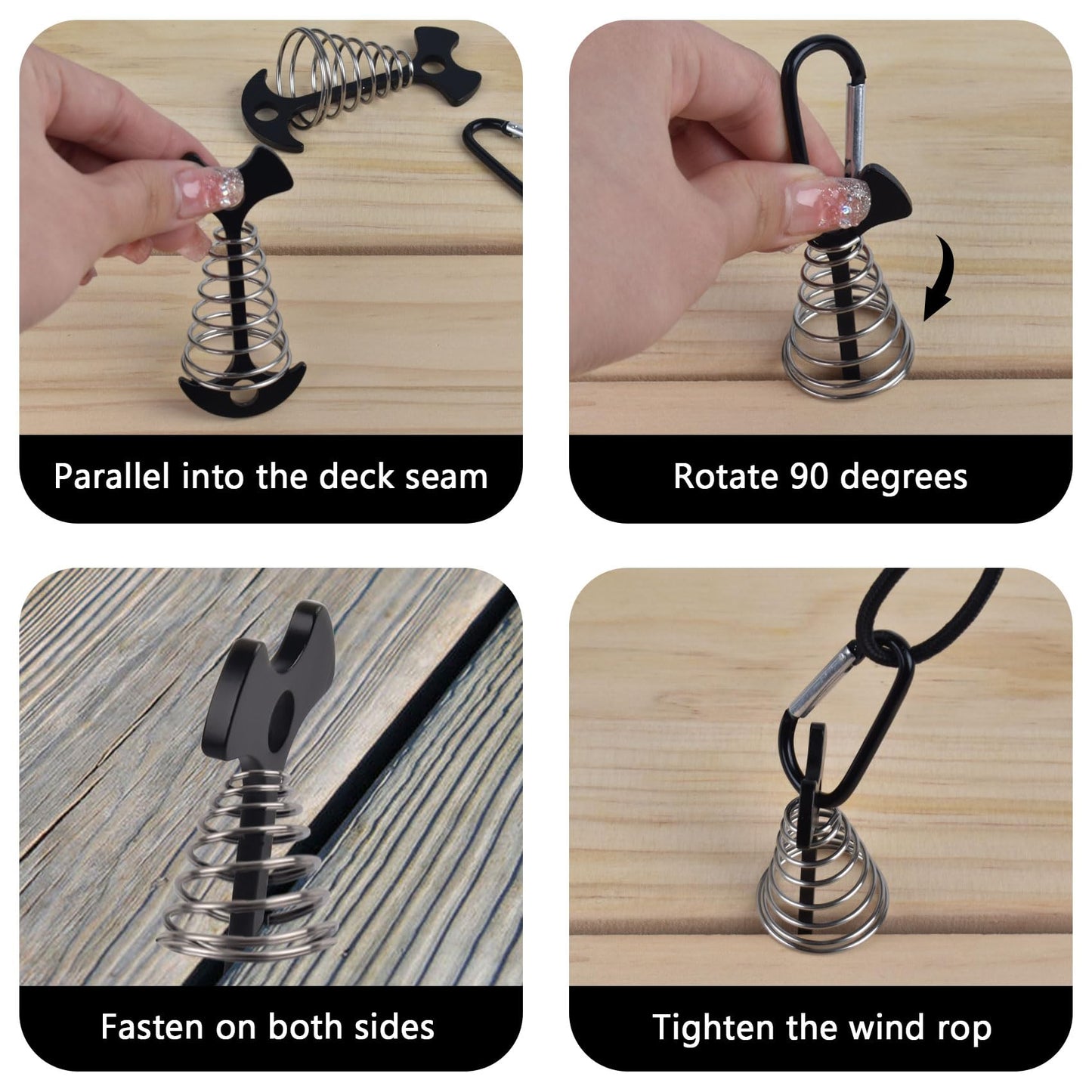 Deck Anchor Pegs with Carabiner Clip 10PCS, Fishbone Tent Pegs Camping Accessories, Windproof Deck Anchors with Spring Buckle for Outdoor Camping, Outdoor Gallery Road (Black)