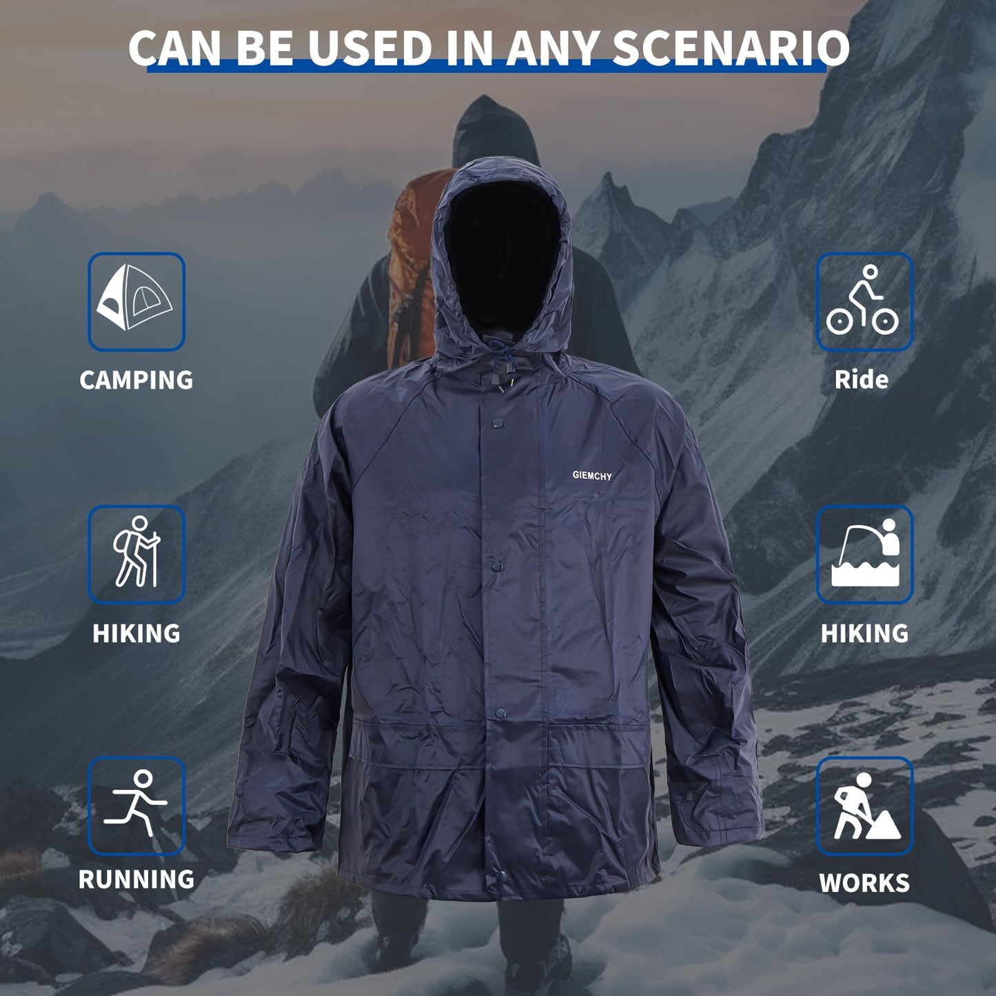 VUVEA Men's Lightweight Waterproof Rain Suit - Reflective Jacket & Pants with Hood for Outdoor Work, Fishing, Hiking