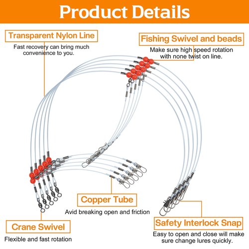 Fishing Leaders Saltwater Tackle Surf Fishing Rigs High Strength Fishing Wire Leader Line Rig with Swivels Snap for Lures Bait Hooks (2 arm, 12pcs, Blue Nylon)