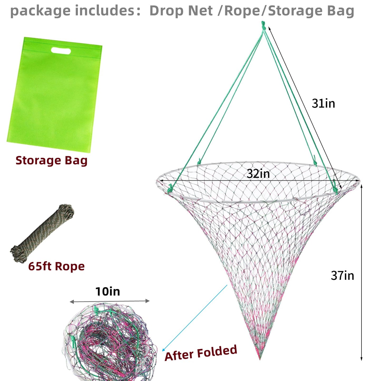 32in x 37in Folded Bridge and Pier Fishing Net, More Coarse Soft Steel Hoop, Colourful Dual-Line Construction,Heavy-Duty Fishing Cast polyethylene Fiber line Mesh Net, Drop Net/Rope/Storage Bag