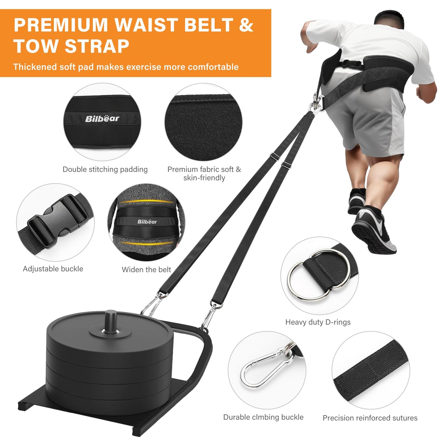 Bilbear Sled Pulling Belt,Adjustable Sled Training Waist Belt,Belt for Pulling,Weight Sled Pull Belt for Tire Pulling,Squat,Leg Muscles Strength Training,Resistance Training,Core Power Workout (Black)