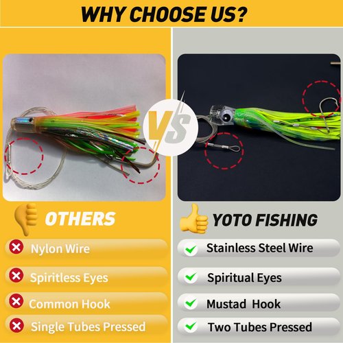 YOTO Trolling Lure Saltwater,6.5 inch 6 pcs Squid Skirted Deep Sea Fishing Lure kit,Tuna,Marlin,Wahoo,Shark,Mahi Trolling Fishing Lures