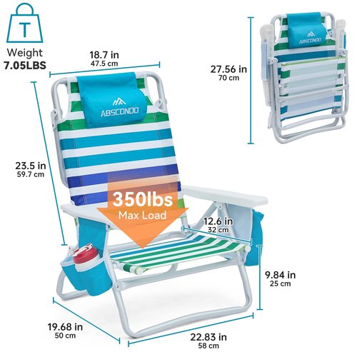 Beach Chair, Beach Chairs for Adults 2 Pack, Outdoor Folding Beach Chairs for Adults, Supports up to 350lbs with 5 Positions, Towel bar, Cooler Pouch, Storage Pouch.