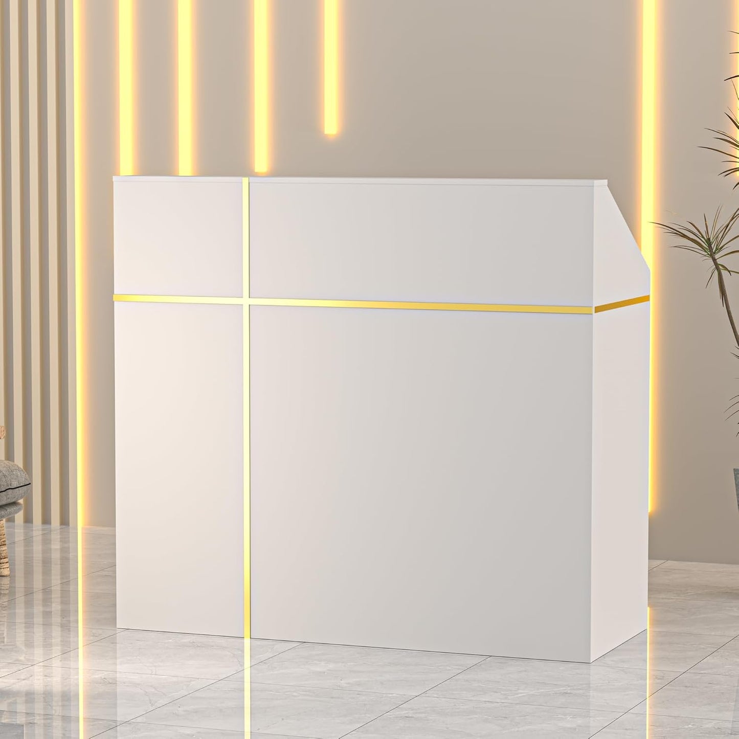 AHB Reception Desk with Counter, Modern Front Table Equipped Lockers & Storage Shelves, 50-inch Checkout Counter with LED Lights & DIY Stripe for Lobbies, Salons, Retail, Home Offices, Reception Room