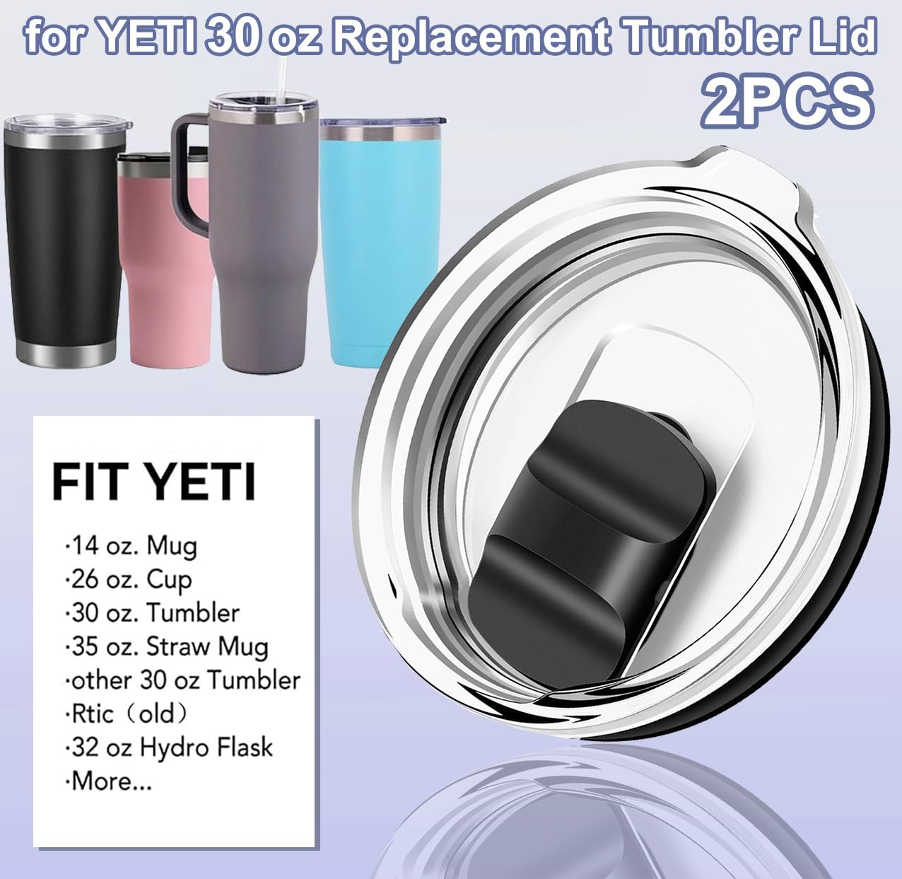 2PCS for YETI 30 oz Tumbler Lid, Replacement Lids Magnetic Slider Compatible for Yeti 30 oz Tumbler, 14 oz Mug and 35 oz Straw Mug, Travel Spill Proof Cup Lids Covers with Magnetic Slider Switch