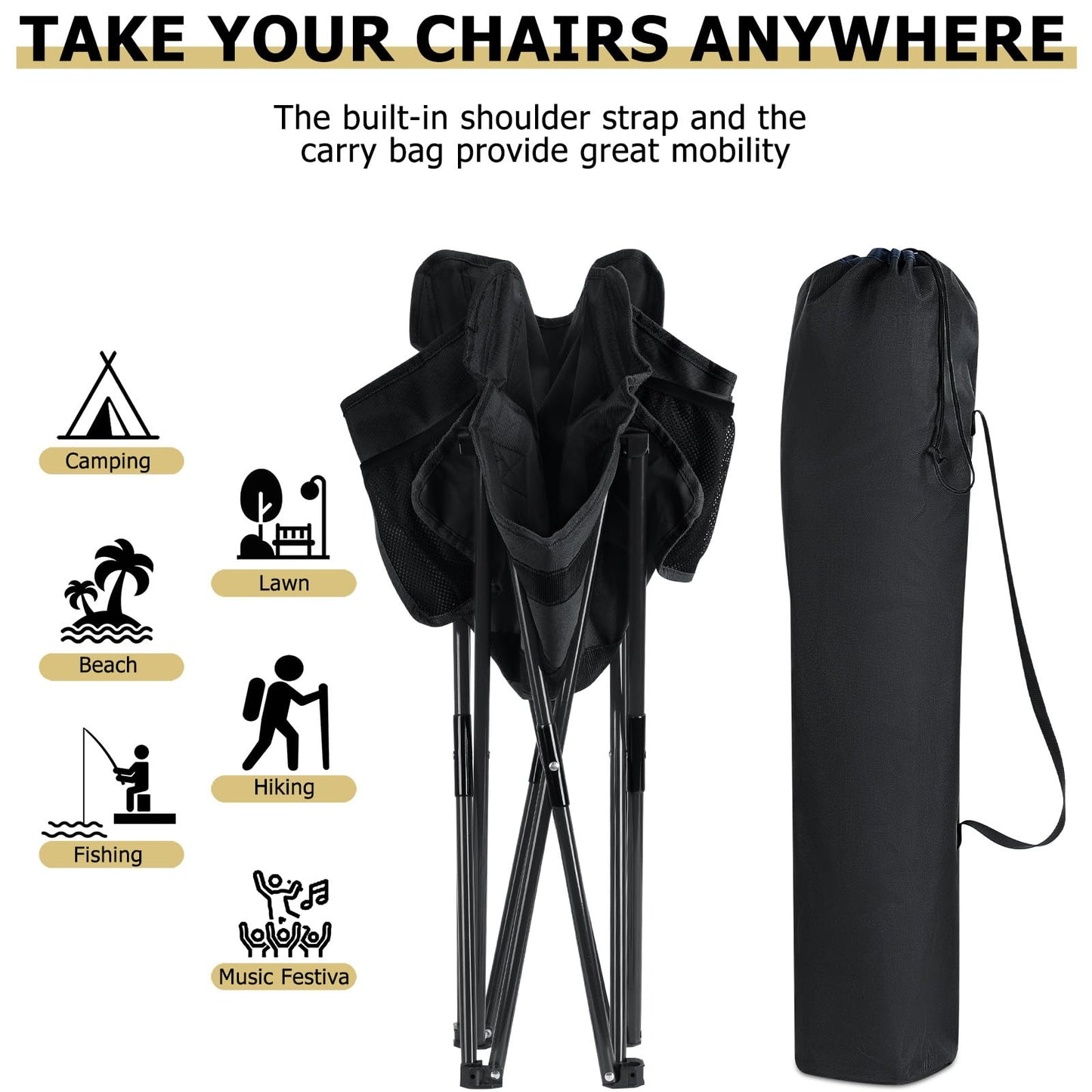 Leonyo Folding Camping Chairs, Portable Outdoor Lawn Chairs for Adults with Carrying Bag for Outside Fishing, Hiking & Festivals, Black