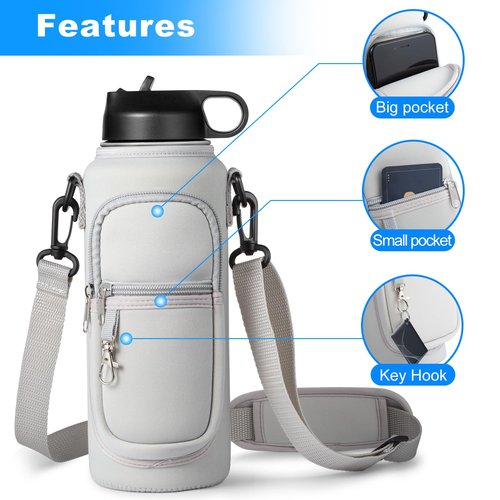 RRegeny Water Bottle Holder with Strap for Hydroflask 32oz 40oz, Carrier Sling Bag with Phone Pocket Sleeve for Men Women Hiking Camping Travelling (Gray40oz)