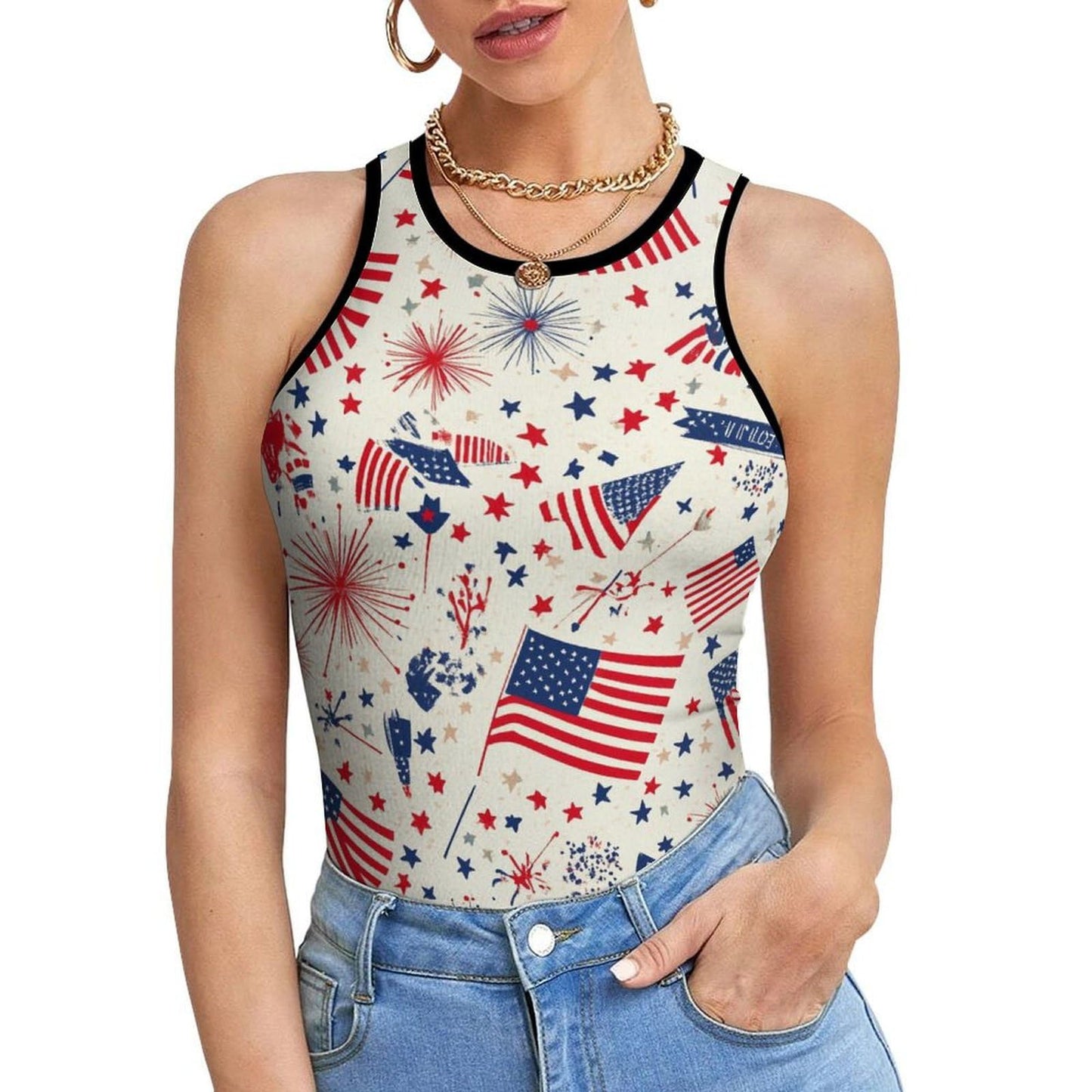 Costaric 4th of July Tops for Women Sleeveless America Flag Print Sexy Stretch Tight Tank Shirt Crew Neck Slim Fitted Vest T-Shirt Trendy Casual Summer Vacation Holiday Tee