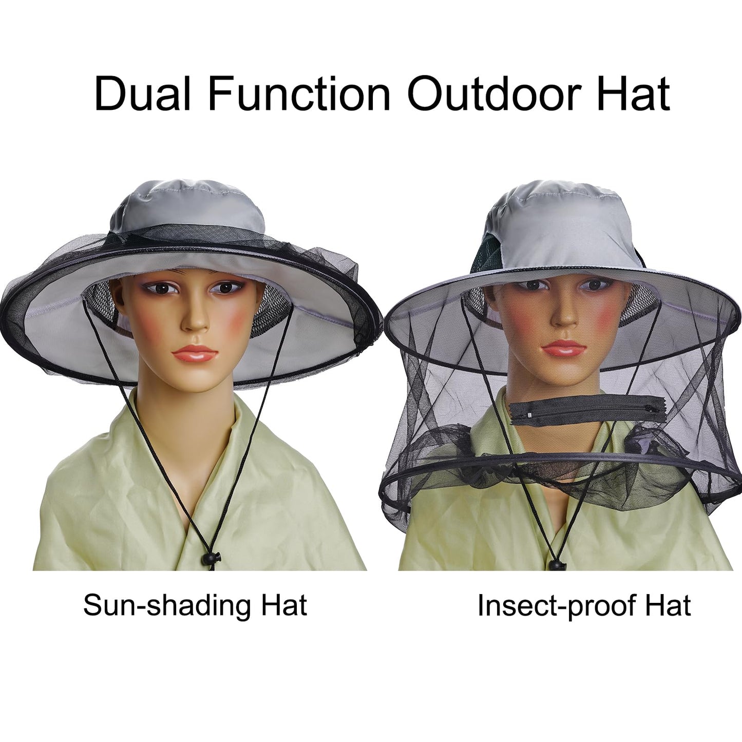 Sucrain 2 Pack Mosquito Head Net Hat Sun Hat Garden Bug Hat with Hidden Net Mesh for Outdoor Gardening (Dark Beige, Dark Grey)
