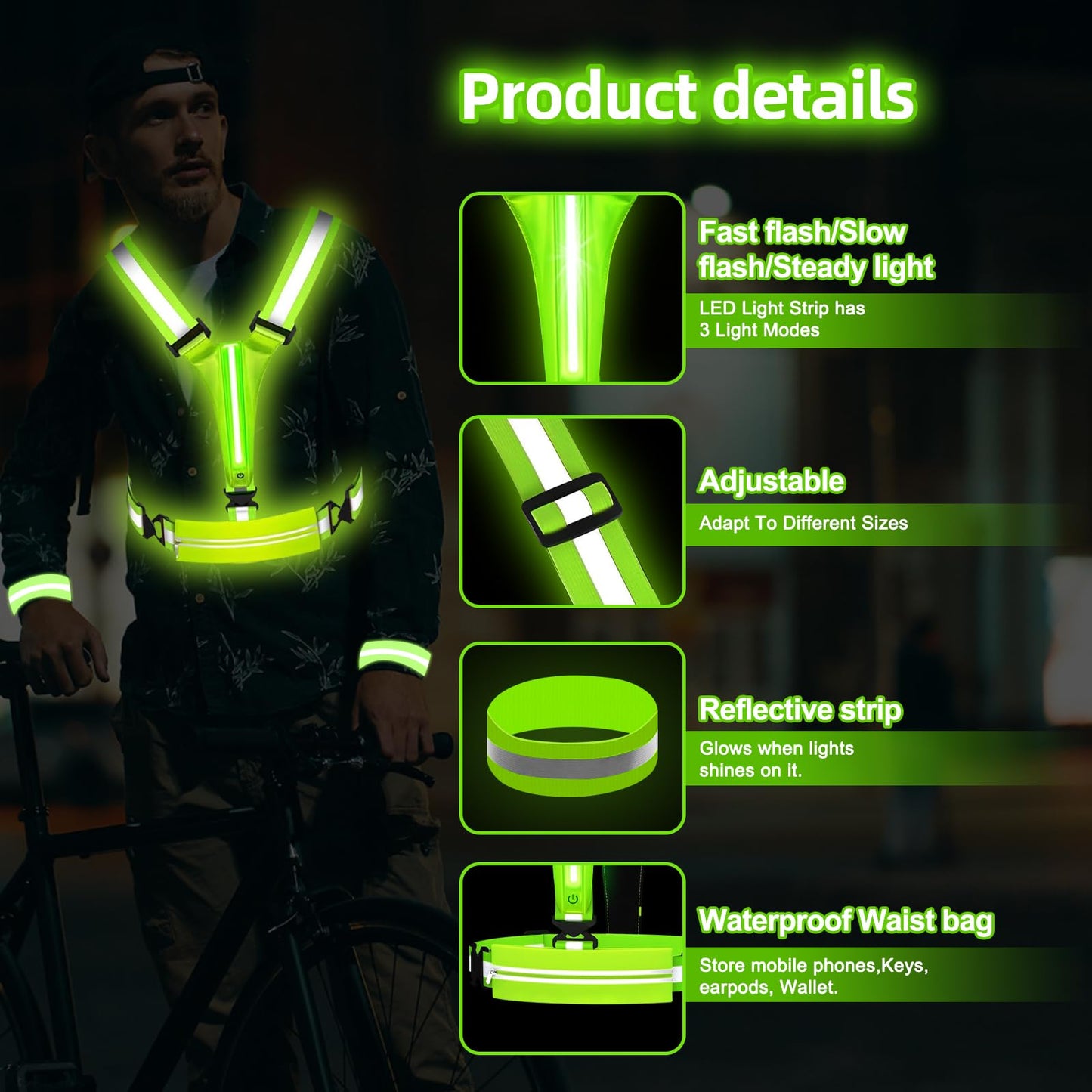 JZ LED Reflective Vest Running Gear-Reflective Vest for Walking at Night, High Visibility Night Running-Rechargeable Adjustable Led Light Up Running Vest with Armband for Runners Walkers Men (Green)