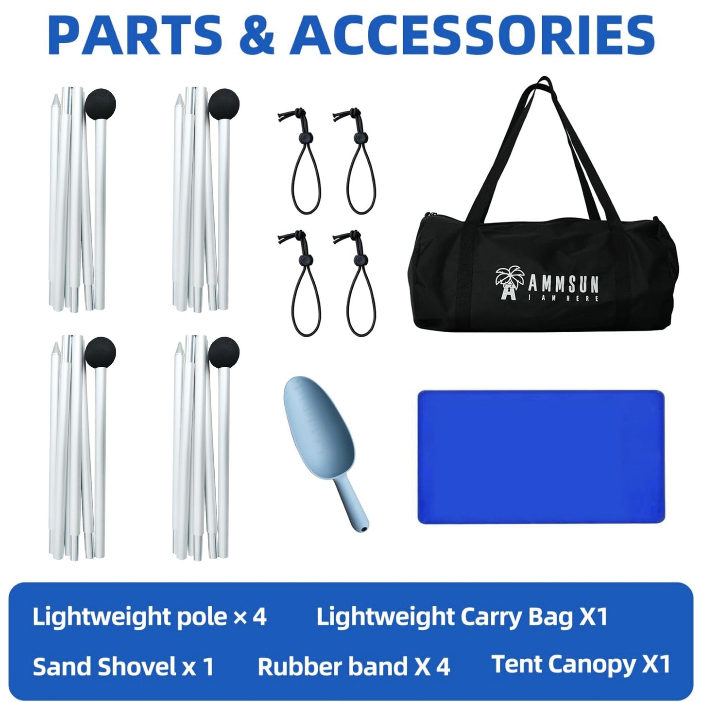 AMMSUN Beach Tent Portable Sun Shelter,9X 9ft Beach Canopy Easy Setup, 9'X9'Lycra Sun Shelter UPF50+ Protection 4 Sand Bags 4 Aluminum Poles with Sand Shovel for Family Beach Camping Outdoor Navy Blue