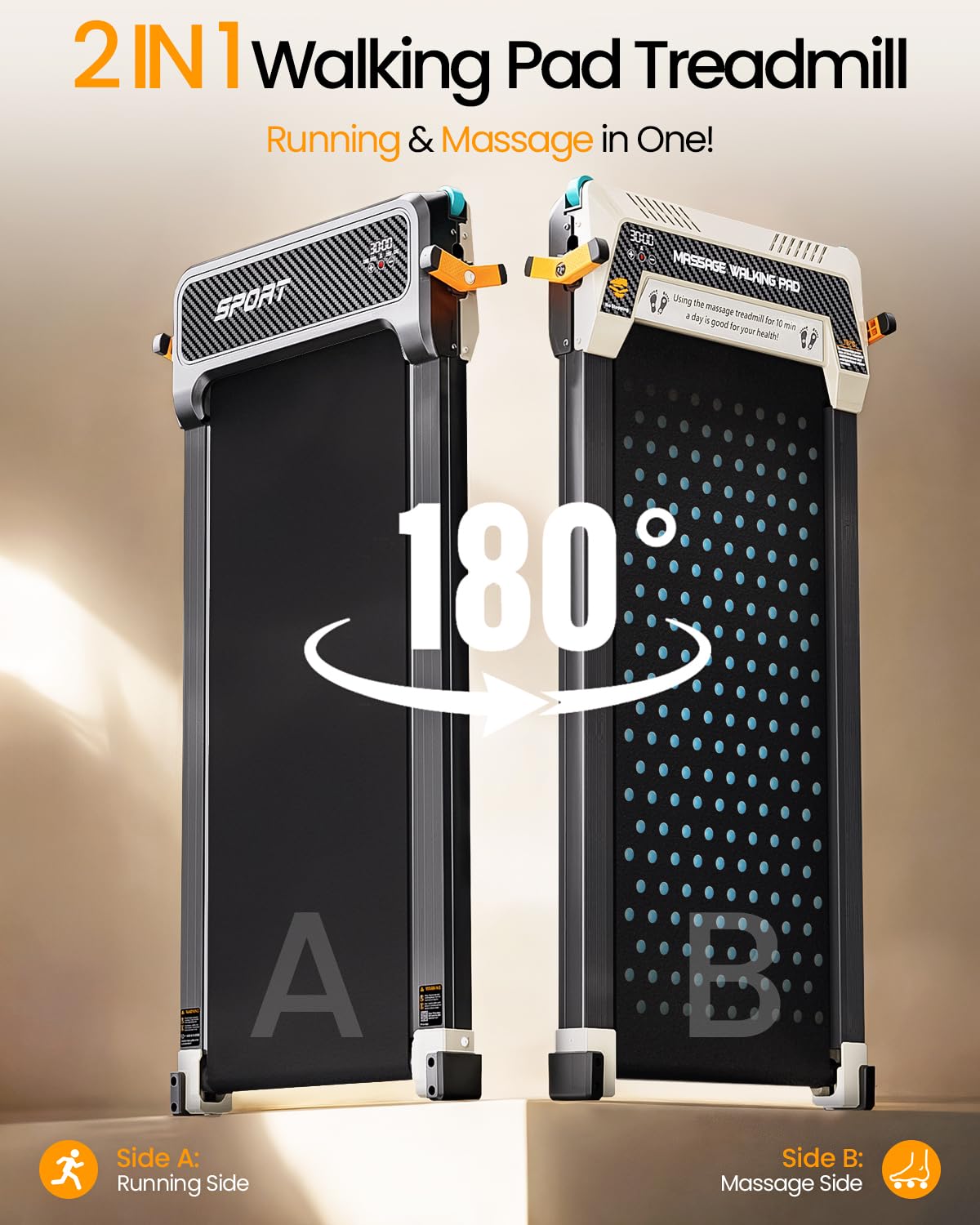 AKLUER Walking Pad with Incline - Dual-Sided 2 in 1 Under Desk Treadmill with Shiatsu Foot Massager, 330LBs Walking Pad Treadmills for Home and Office, LED Display and Remote Control, Black