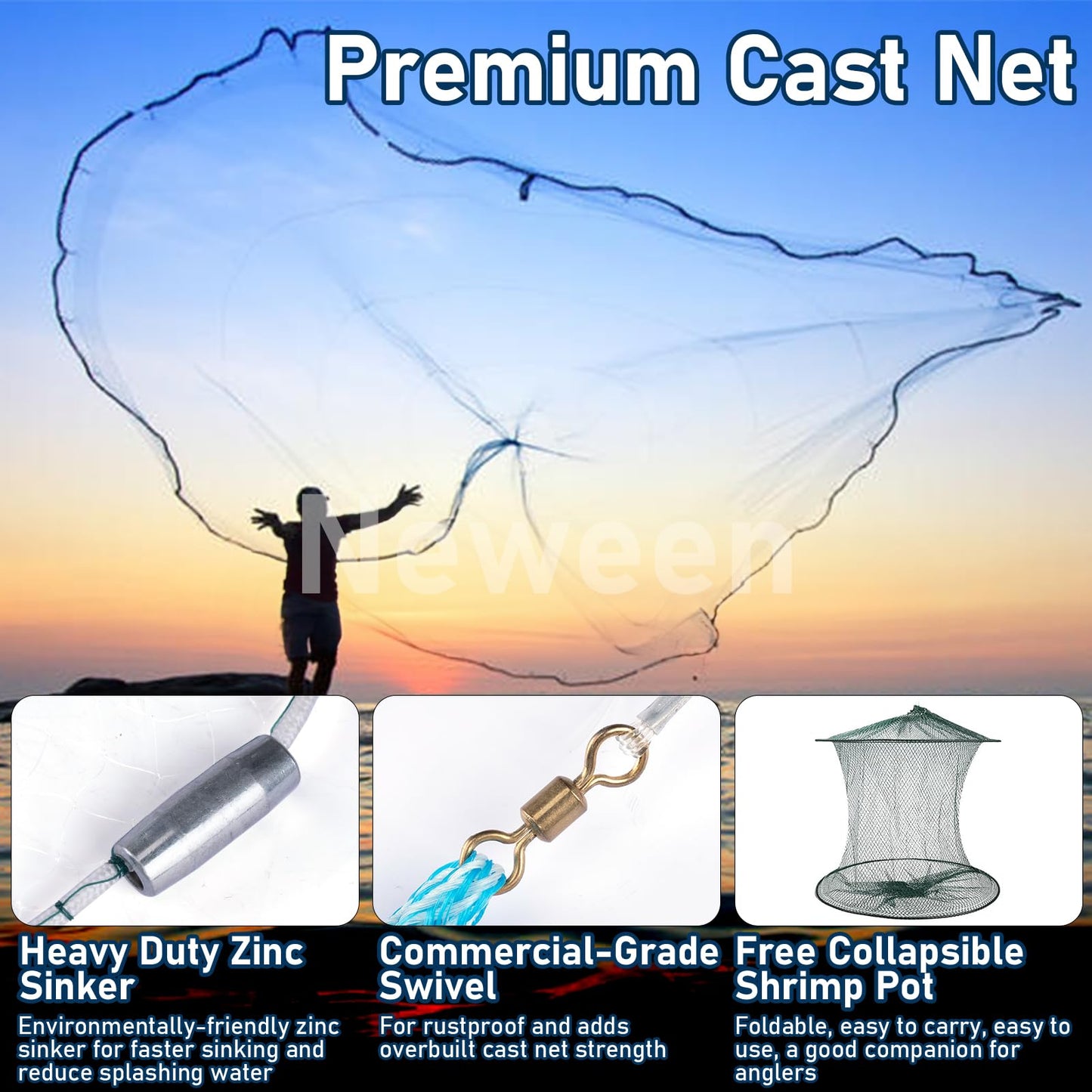 Neween Cast Net for Fishing with Shrimp Cage, American Freshwater Saltwater 3/4/5/6/7/8/9/10Ft Radius Casting Net Bait Trap Fish, Heavy Duty Zinc Sinker, 3/8 Inch Mesh Size
