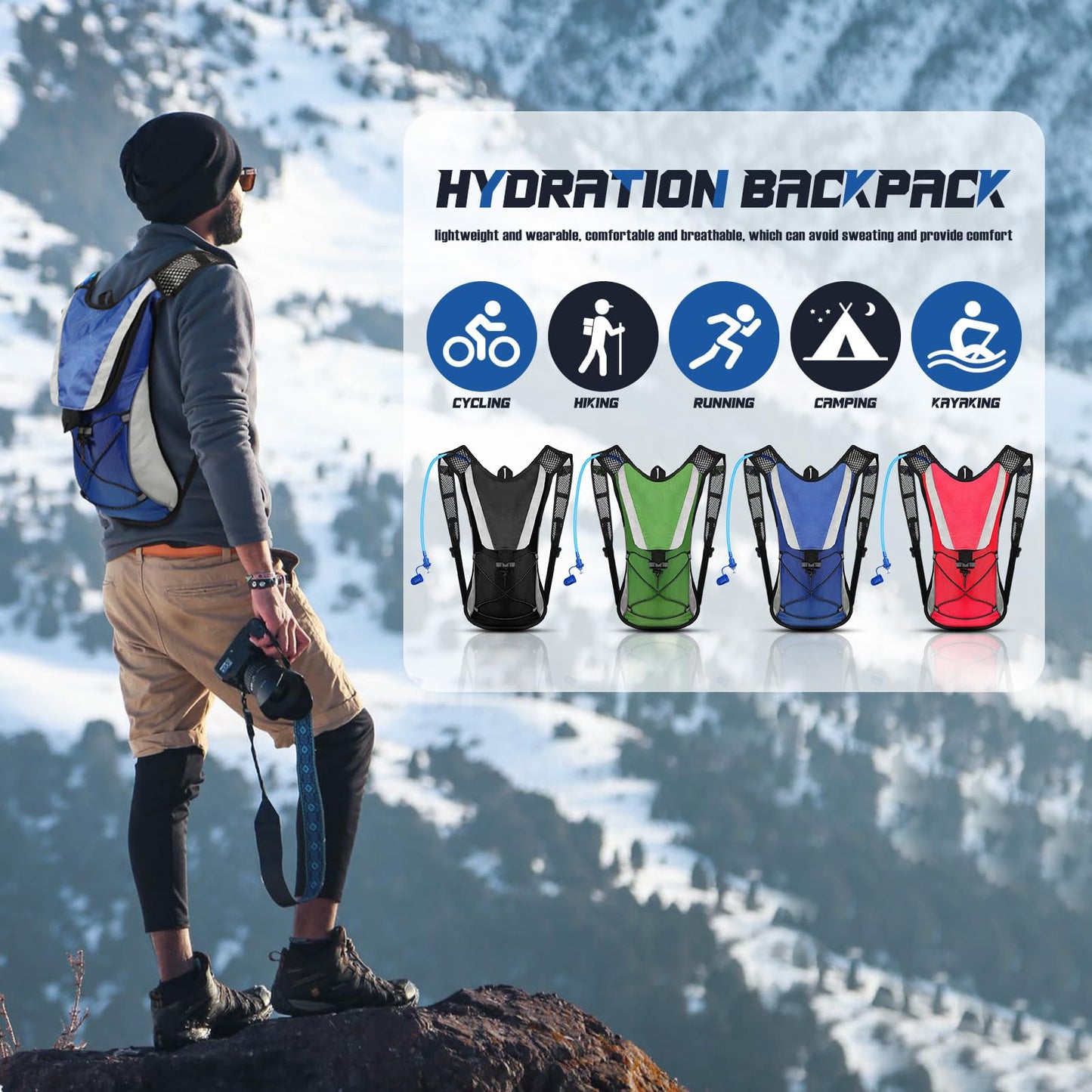 4 Pcs Hydration Backpack Pack with 2L Water Bladder, Hydration Pack with Hydration Bladder Hiking Running Cycling Biking Water Backpack Bag for Men and Women