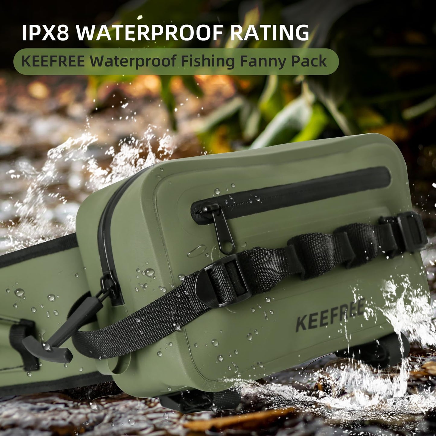 KEEFREE Waterproof Waist Bag with Fishing Rod Holder,Fishing Fanny Pack with Airtight Zipper Closure Multi-functional Lightweight Tackle Bag for Fly Fishing Outdoor Sports Camping Kayaking (Green)