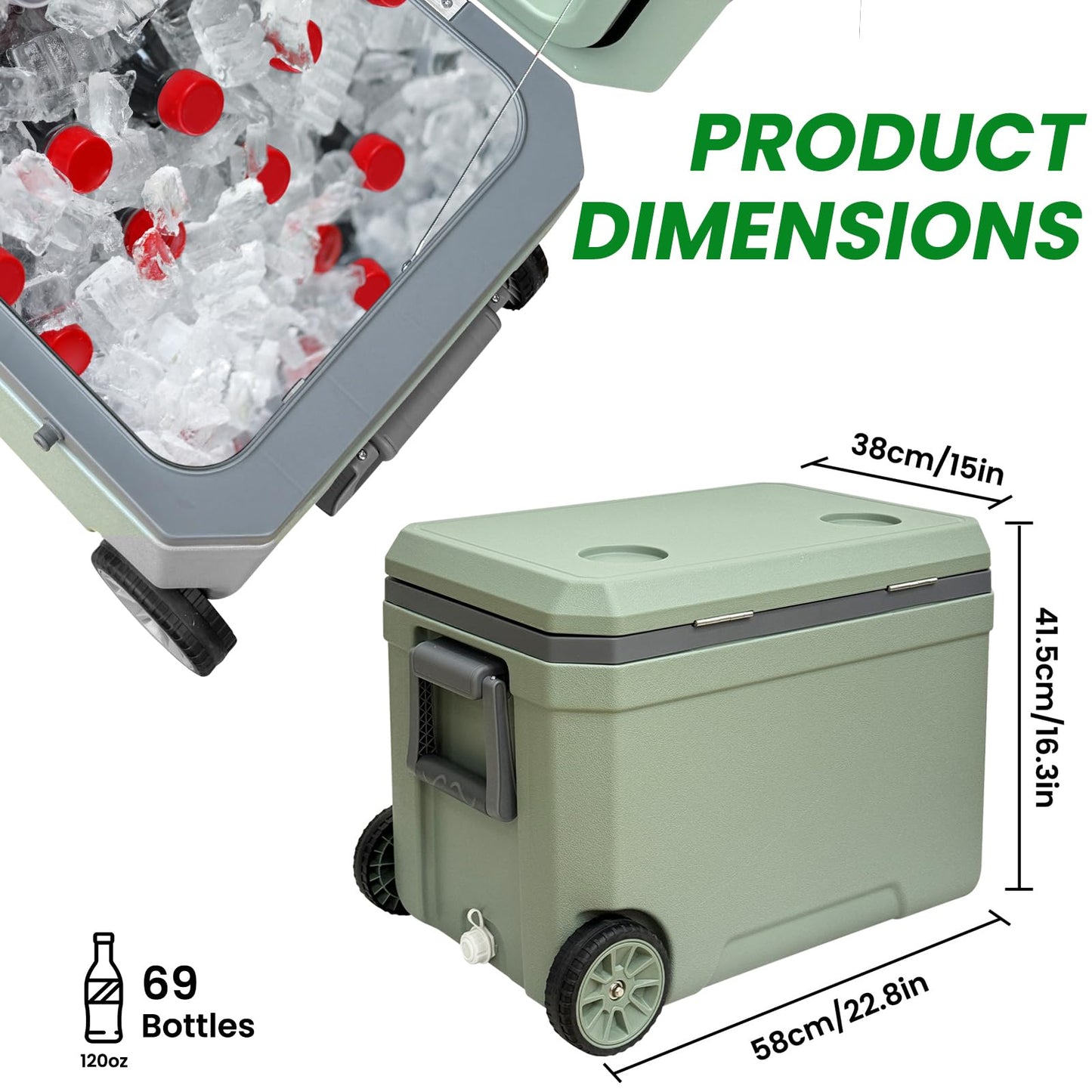 JUST-V 45L Cooler Insulated Portable Ice Chest Box with Heavy Duty Wheels Keeps Ice for up to 5 Days, Great for Beach, Camping, Tailgating, Sports, & More Green