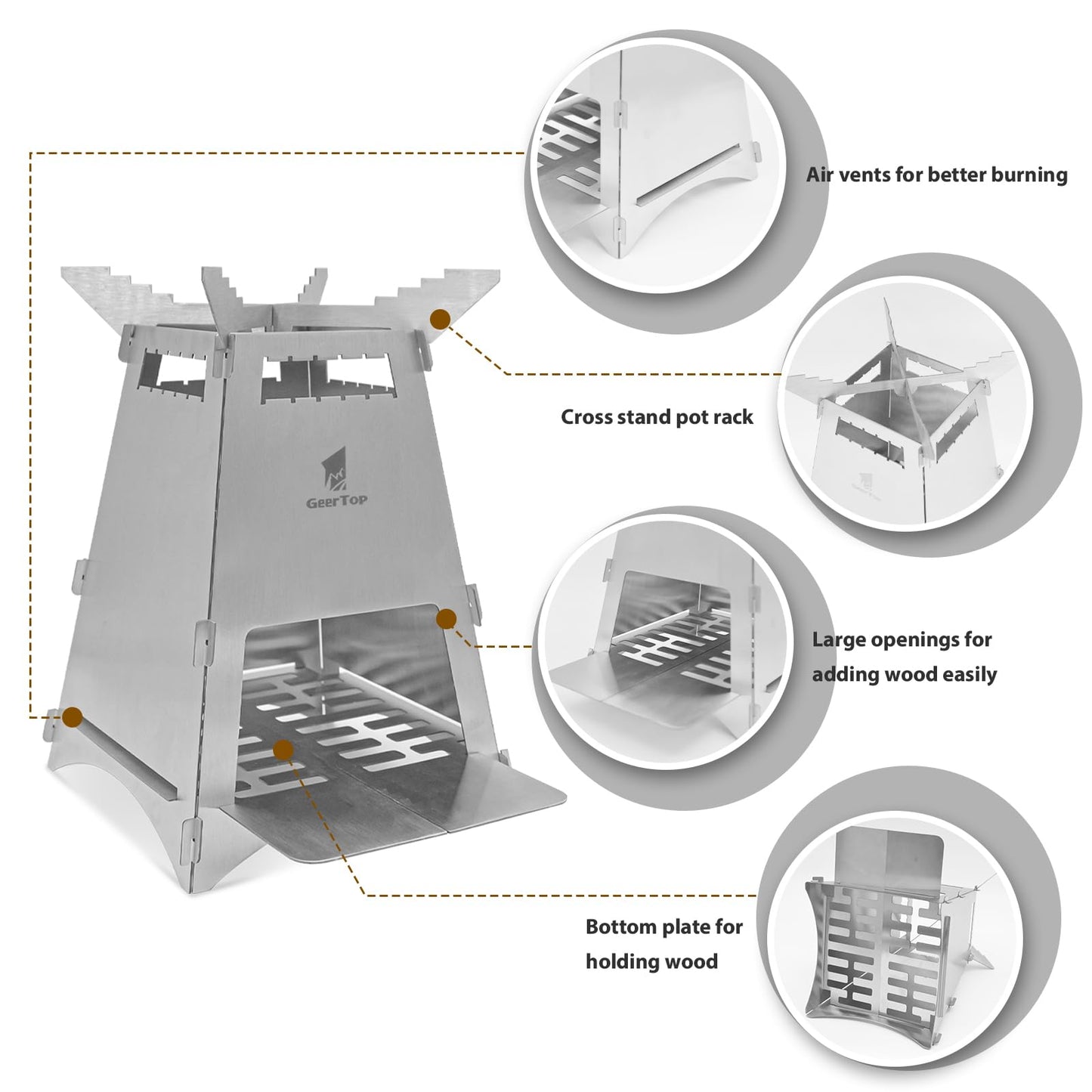 GEERTOP Portable Backpacking Stove Folding Wood Stove Camp Mini Stainless Steel Survival Stove for Camping Hiking Travelling