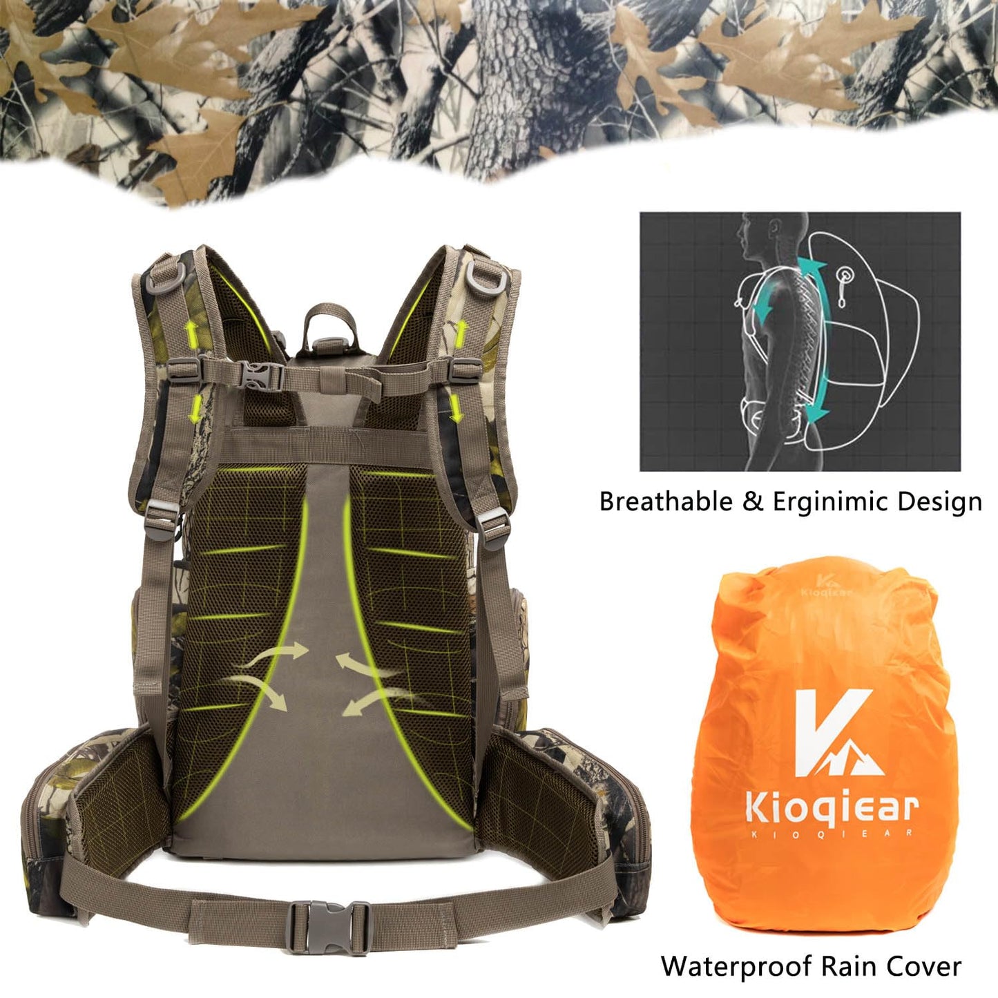 Kioqiear Hunting Backpack,Outdoor Gear Hunting Pack with Rain Cover,Durable Large Capacity Hunting Day Pack.(GREEN CAMO)
