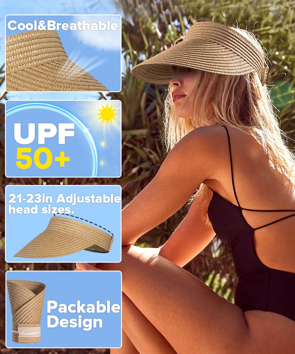 EW EastWater Beach Sun Visor Hats for Women, Wide Brim UPF50+ Sun Protection Straw Hat Packable Foldable for Summer Khaki