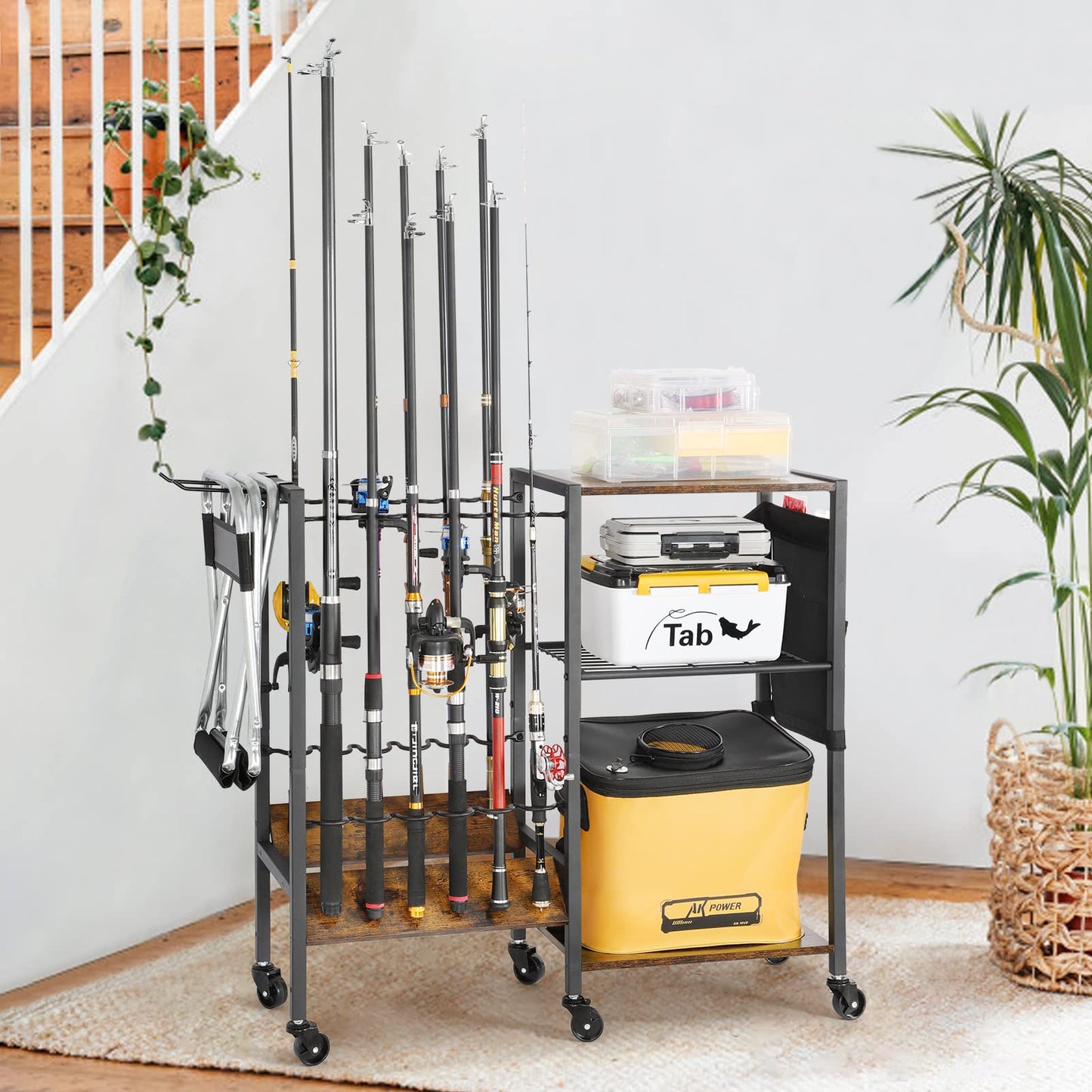Olakee Fishing Rod Holders for Garage - Fishing Pole Holders up to 12 Rods, Fishing Gear Equipment Organizers Rod Tackle Cart for Home Entryway Corner