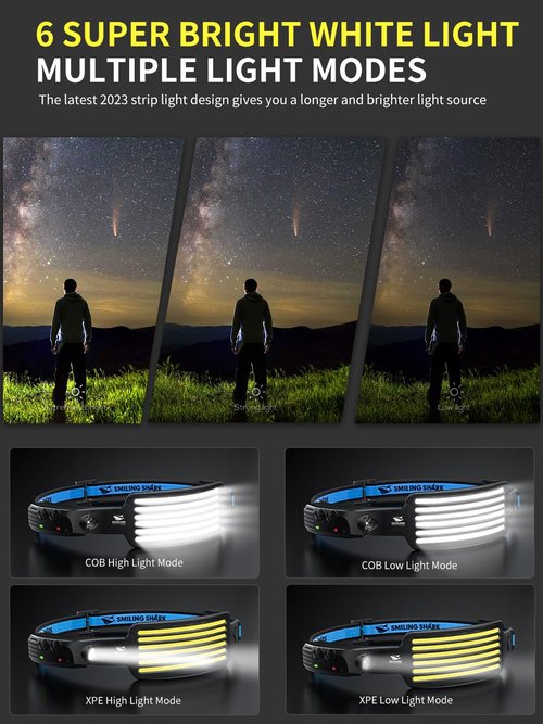 Smiling Shark Rechargeable Headlamp, 3 Pack Wide Angle 6*White Light The Brightest LED Head Lamp with Motion Sensor Waterproof Headlight for Camping Hiking Outdoor, Head-Light-LED-Lamp-Rechargeable