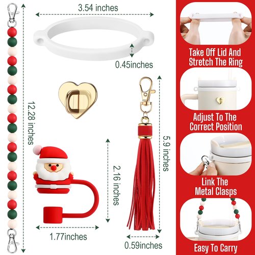 Skylety 5 Pcs Silicone Accessories Set for 8-40 oz Tumbler - Includes Silicone Beaded Bottle Strap, Leather Tassel Charm, Straw Cover, Rubber Cup Ring (Red, Green, Christmas)