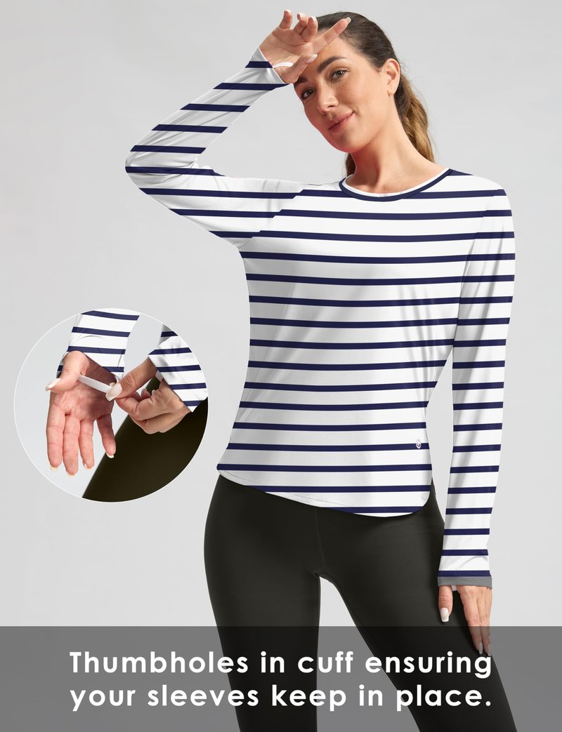 Women's Sun Shirts UPF 50+ Long Sleeve UV Protection Shirt Lightweight Quick Dry Workout Hiking Tops for Women(White/Deep Sea Stripe,S)