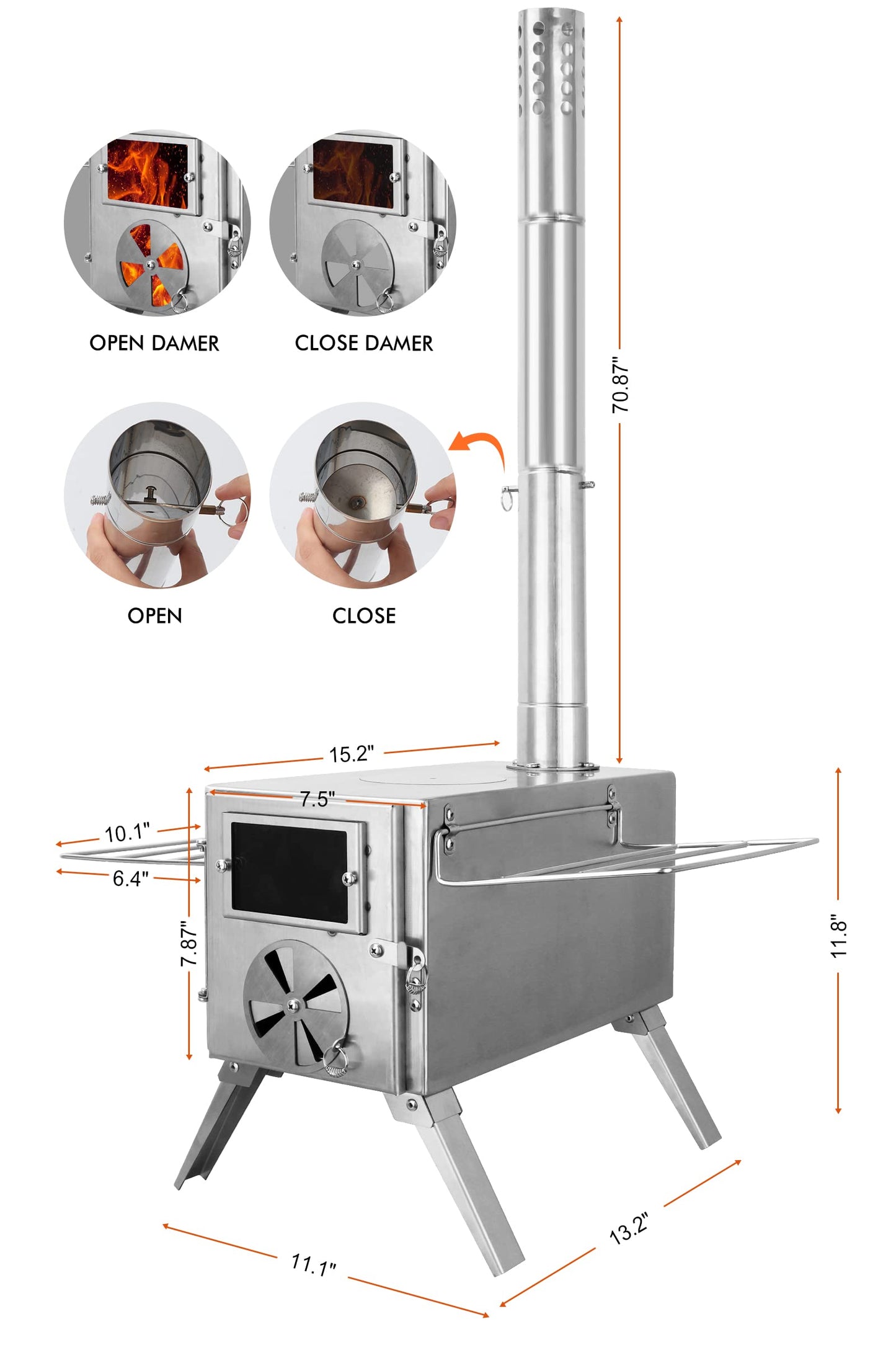 SOPPY Hot Tent Stove for Camping, 304 Stainless Steel Wood Burning Stove with 7 Chimney Pipe, Backpacking Tent Stove for Ice Fishing, Camping, Hunting, Hiking, Silver