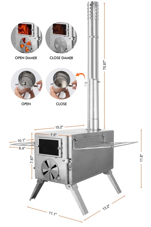 SOPPY Hot Tent Stove for Camping, 304 Stainless Steel Wood Burning Stove with 7 Chimney Pipe, Backpacking Tent Stove for Ice Fishing, Camping, Hunting, Hiking, Silver