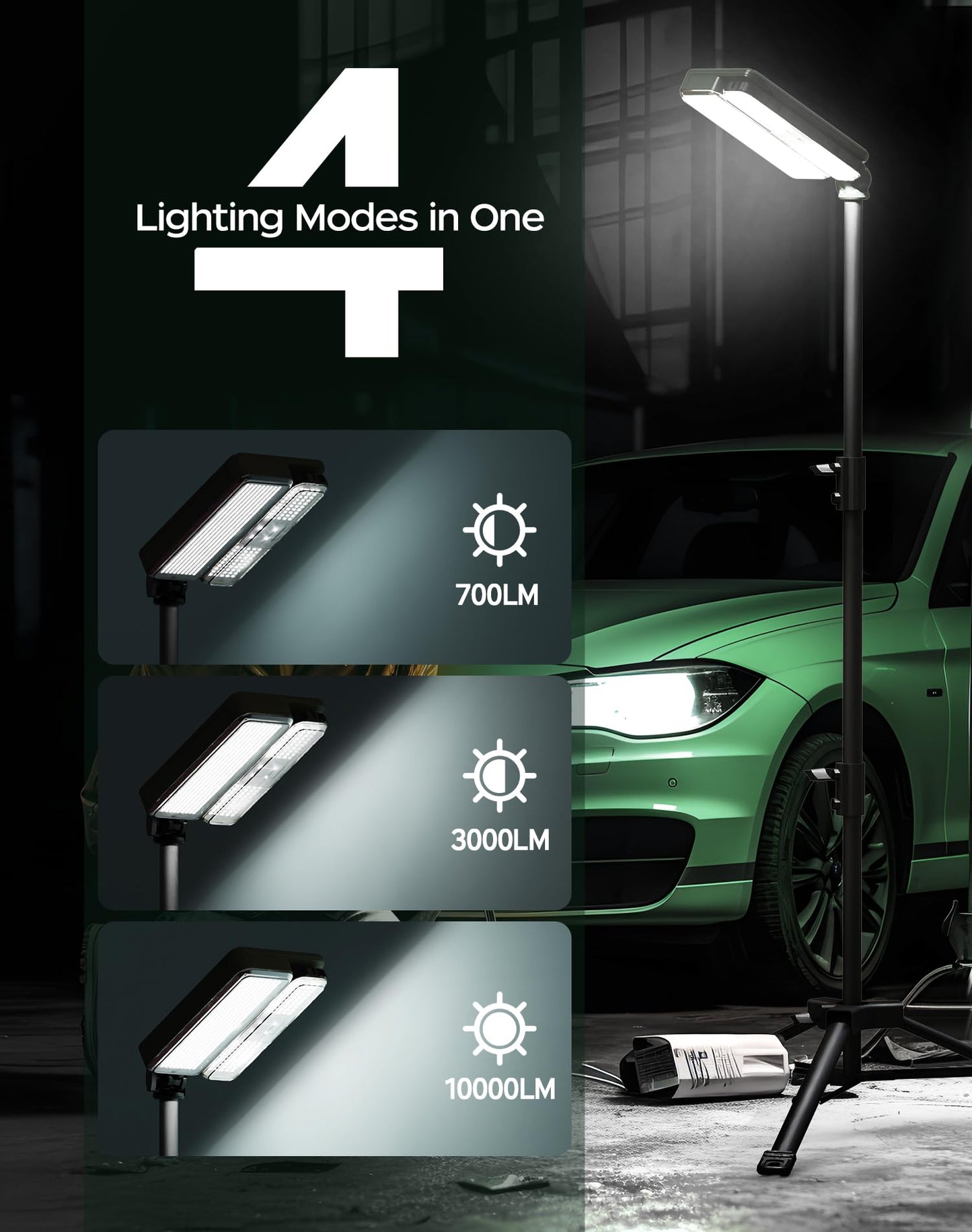 KIALUSH 10000lm Dimmable Rechargeable Work Light, 15000mAh Detachable Camping Work Light 72'' Telescopic with 2 Separate Lights, 2 Charge Ways Type C & Solar Powered