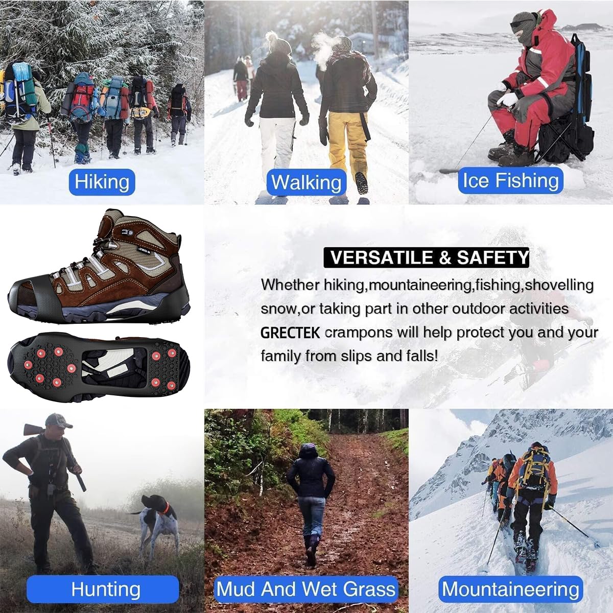 GT20 Light Ice Snow Grips Cleat Crampons Over Shoe/Boot Traction Cleat Slip-on Stretch Footwear (Balck, X-Large)