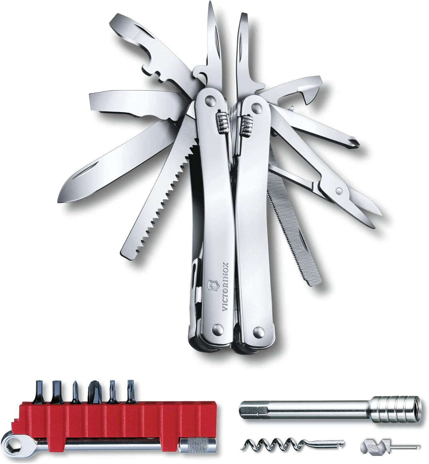 Victorinox Swiss Tool Swiss Army Knife, 24 Function Swiss Made Multi-Tool with Needle-Nose Pliers, Wire Cutters and Large Blade - Silver