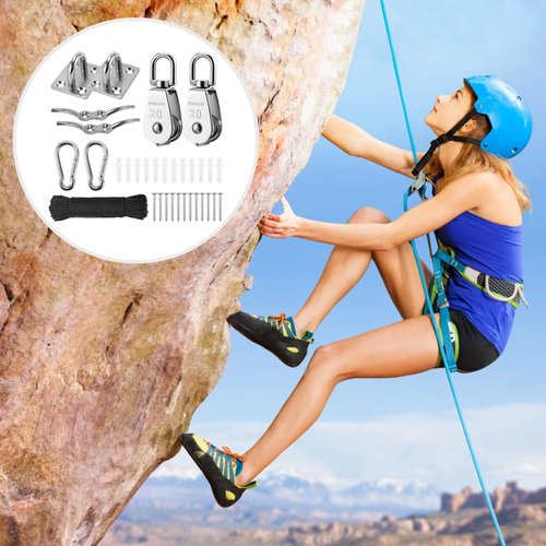 Pulley System Kit with 2 Single Sheave Blocks, Stainless Steel 20 mm Rope Pulleys, Heavy Duty Mounting Plates, Carabiners and 50ft Rope, Flag Pole Lifting System