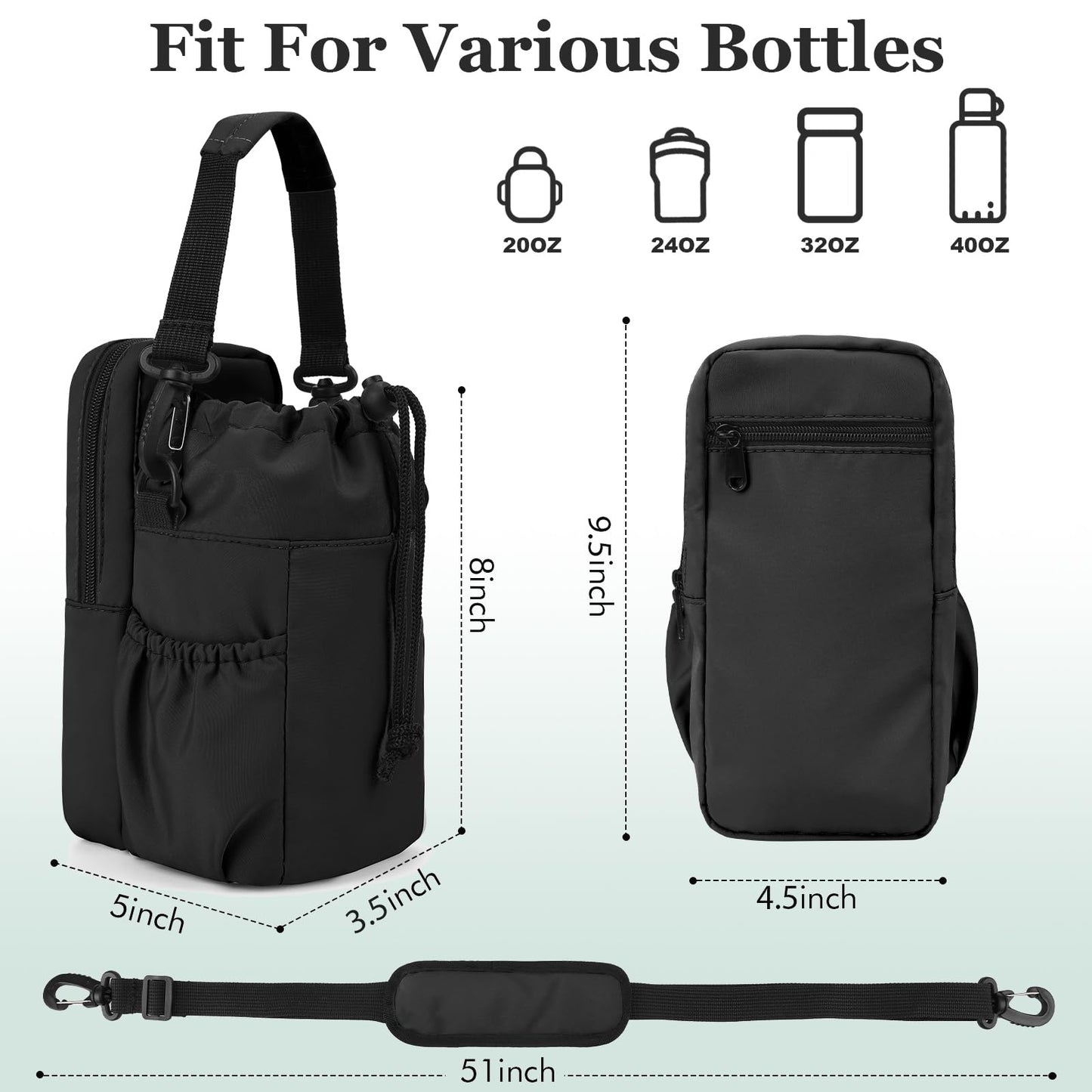 JRQCSJY Water Bottle Holder with Strap, 32/40oz Insulation Water Bottle Carrier Bag with Phone Pocket, Water Bottle Sling Bag Crossbody Water Bottle Holder for Hiking Walking(Black)