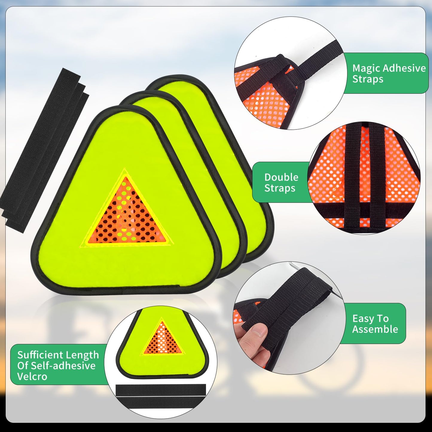 1 Pack 7 * 7inch Reflective Yield Symbol Bike Triangle Sign With Magic Adhesive Strap for Night Safety