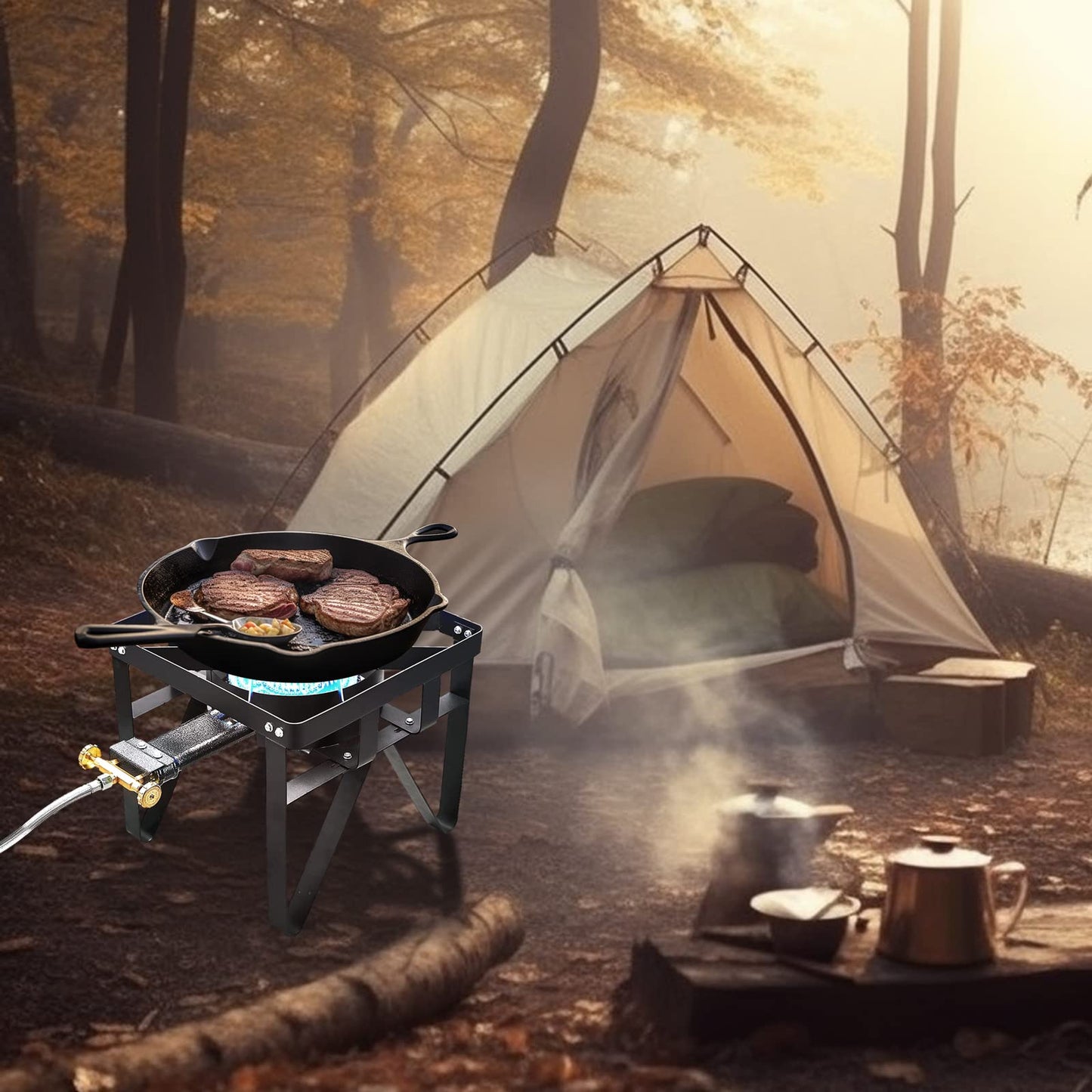 Vivicreate 185000 BTU High Pressure Propane Burner Outdoor Gas Stove Single Burner Cooktop for Turkey Fryer Seafood Boil Brewing BBQ Camping Stove Estufa de Gas Portátil Fogón de Gas 2 valve