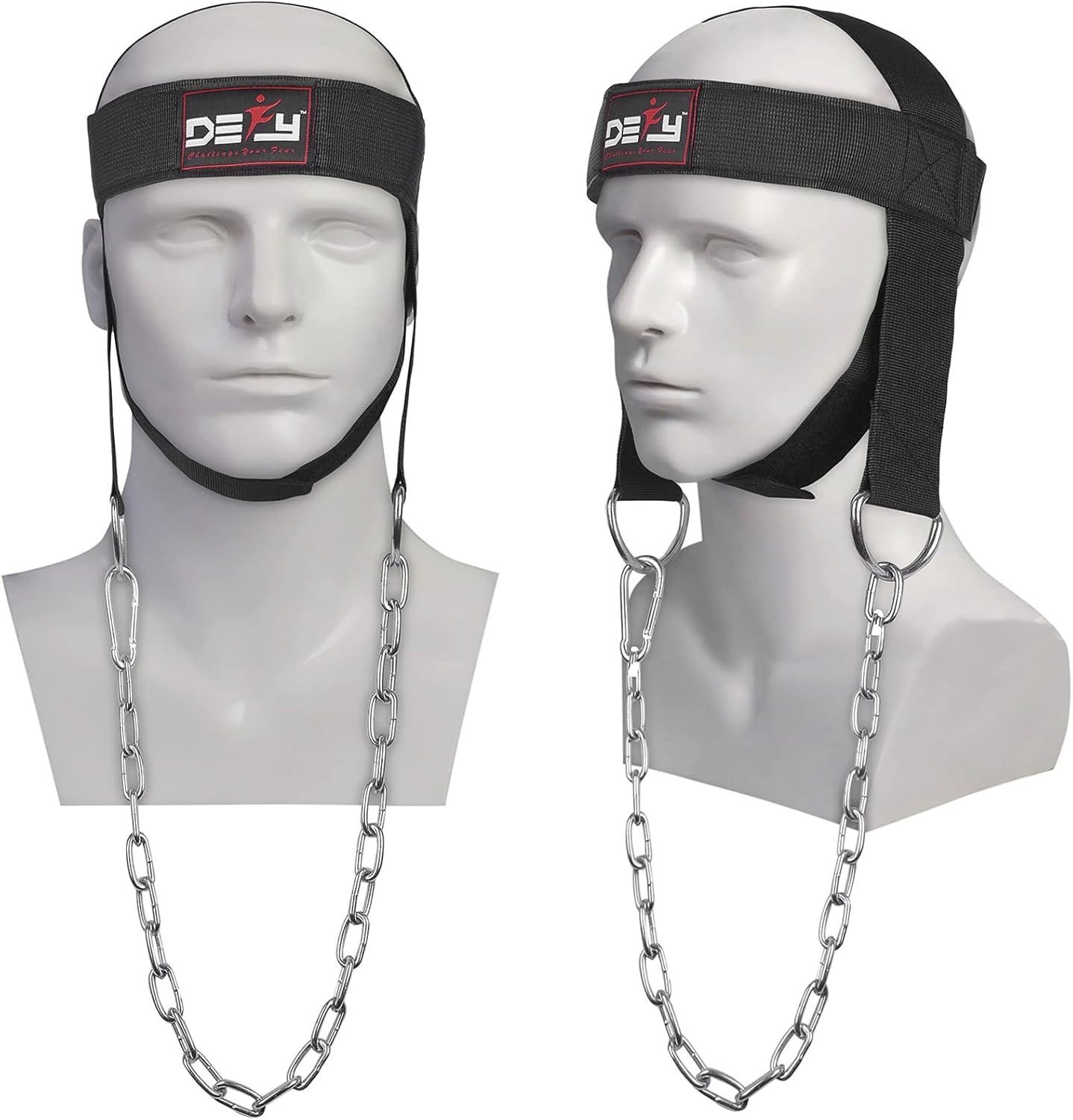 DEFY Neck Harness, Weight Lifting Neck Exerciser - Workout Equipment for Head, Neck Strengthener for Gym Training – Head Exercise for Men Women - Nylon Adjustable Straps with Metal Chain (Black)