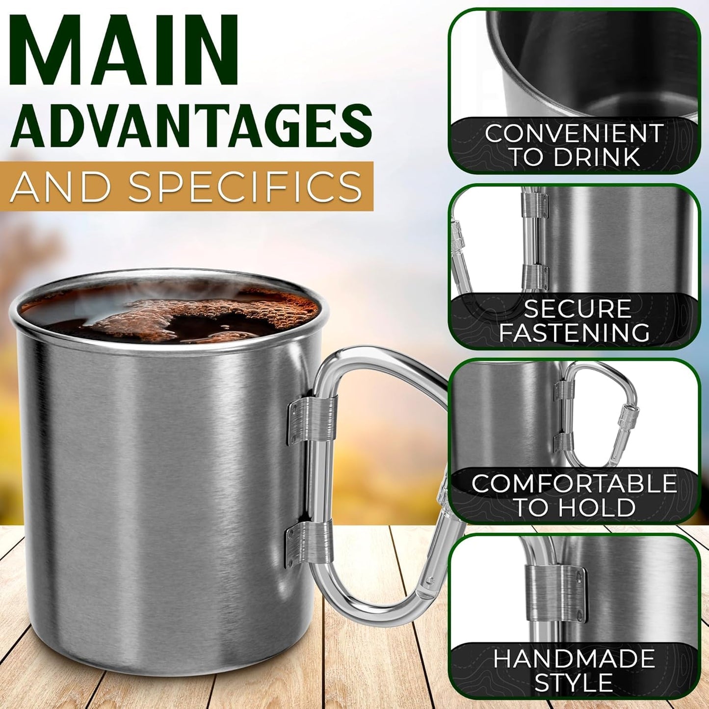 13.5 Oz Stainless Steel Camping Mug with Carabiner - Metal Camping Cup for Traveling, Lightweight and Heat-Resistant, Durable and Easy to Clean Hiking Cup, Comfortable to Hold and Drink