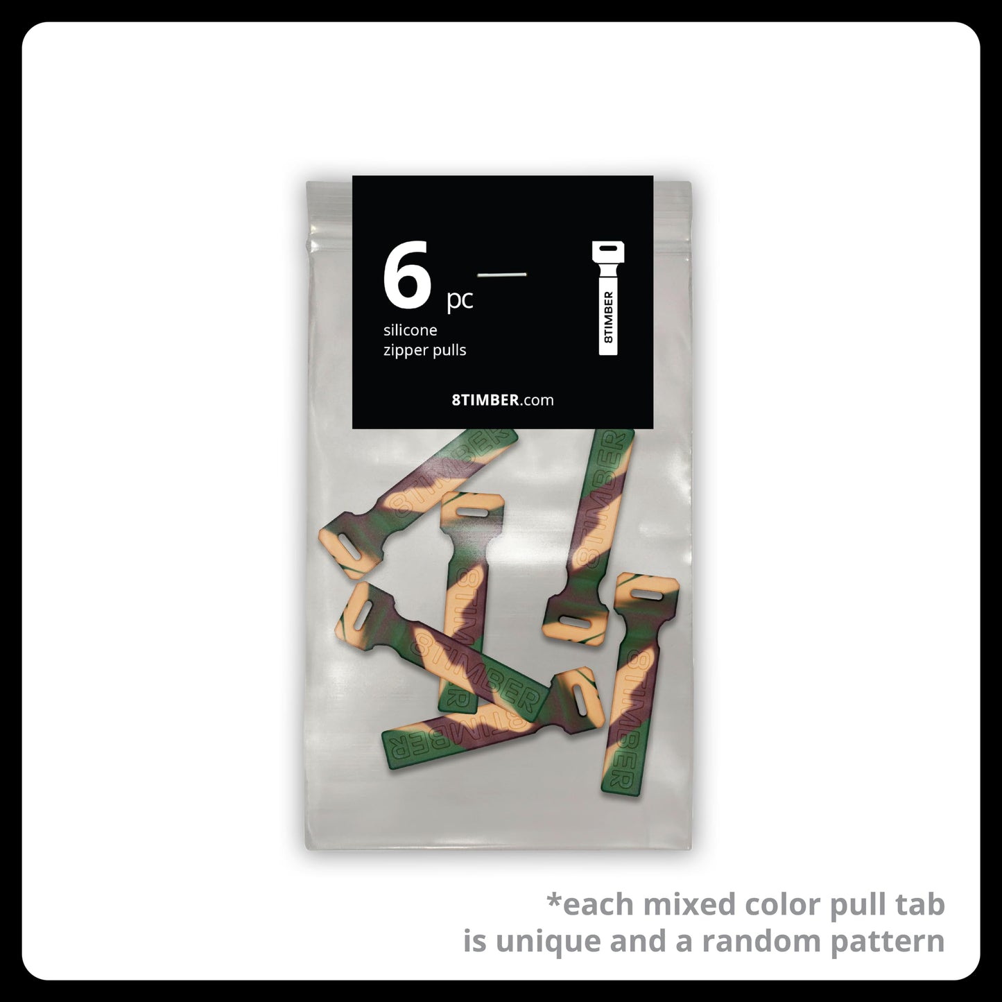 8TIMBER Zipper Pulls Set 6-Pack — Durable Silicone Accessories for Customizing Backpacks, Identifying Travel Luggage (Camo)