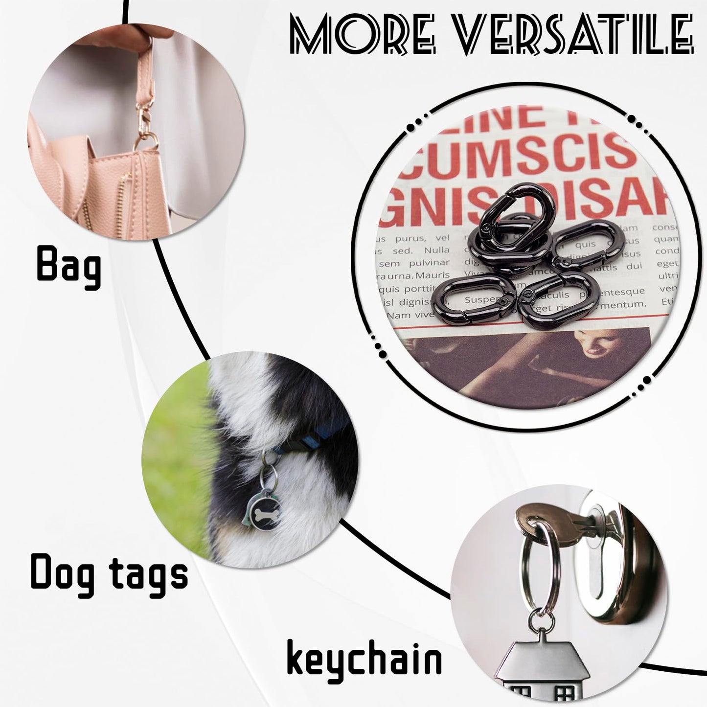 30pcs Black Oval Carabiner Metal Spring Loop Clip, Small Carabiner Metal Spring Key Ring for Bags, Keychain, Dog Tag Clips (Black)