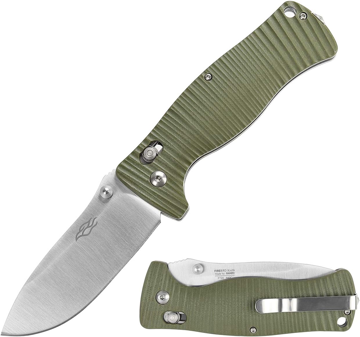 Ganzo G720-GR Tactical Folding Knife Window Breaker 440C Blade Army Green G10 Handle w/Paper Box & Draw String Bag G720
