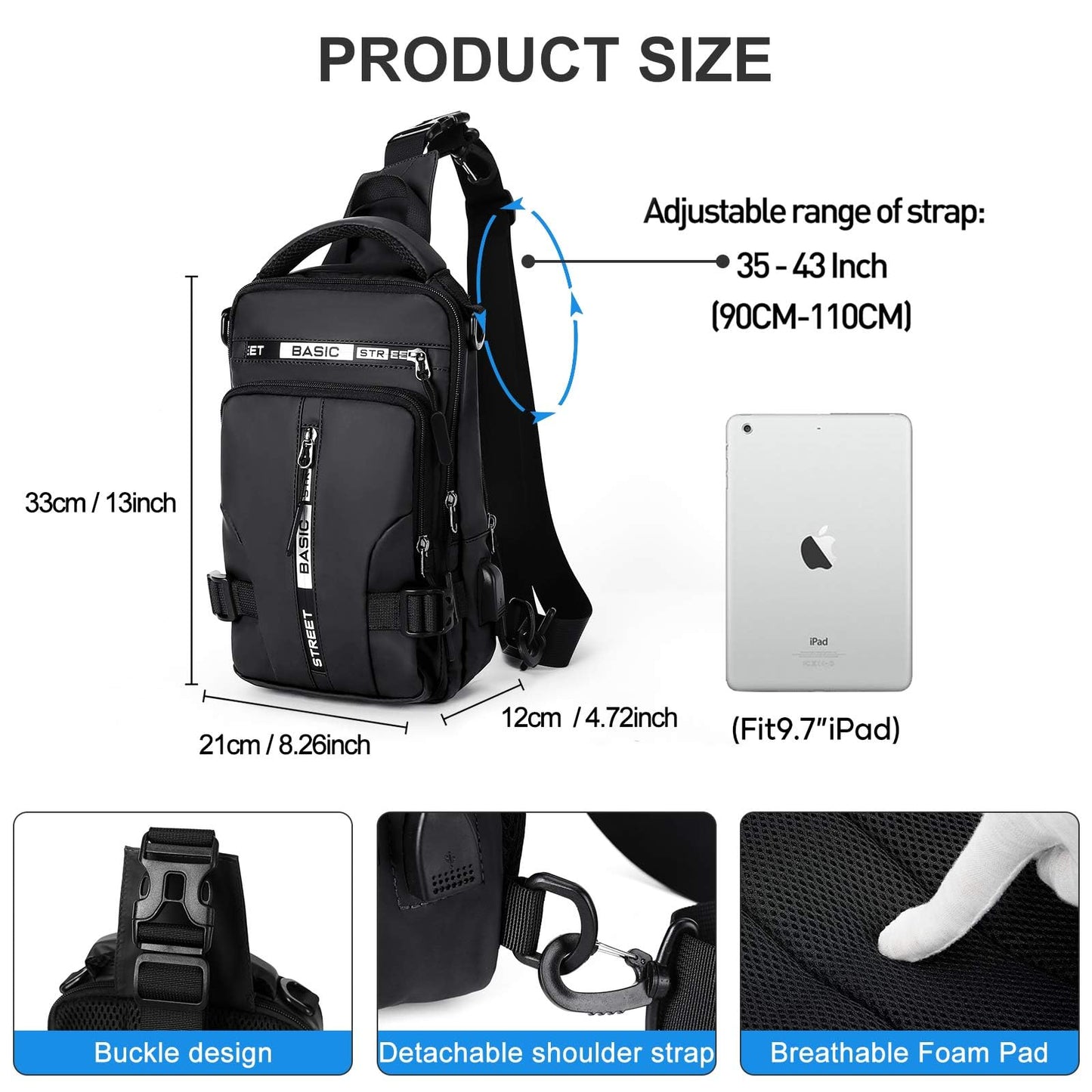 Large Black Sling Bag for Men Women, Mini Anti Theft One Strap Motorcycle Sling Backpack, Small Sling Chest Bag Daypack Crossbody Backpack with Usb Port for Casual Travel Hiking Gym Outdoor Sports