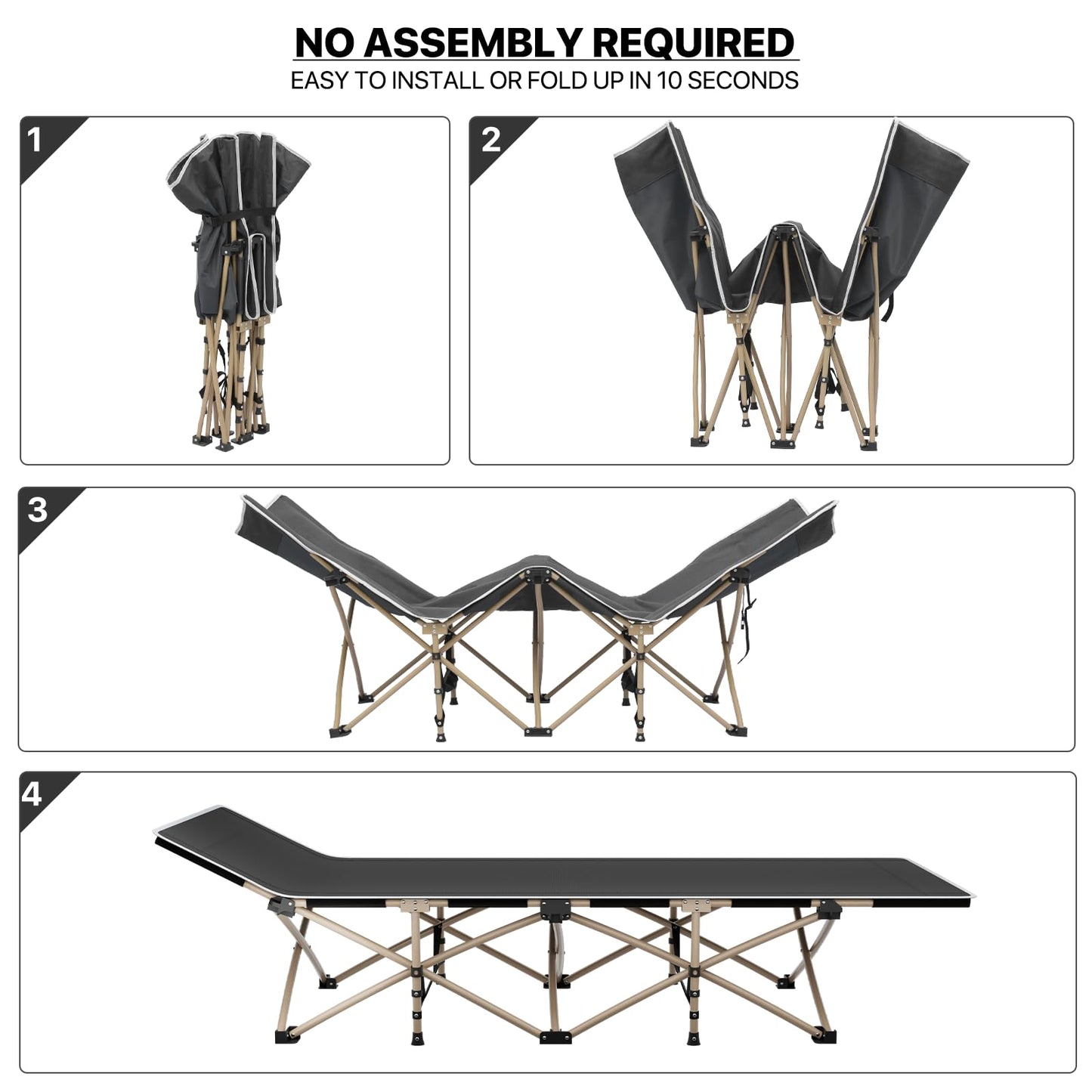 MoNiBloom Folding Sleeping Cot for Adults, Easy to Set Up Portable & Lightweight Camping Cot for Outdoor Camping, Lounging and Elevated Napping, Support 360 lbs, Black