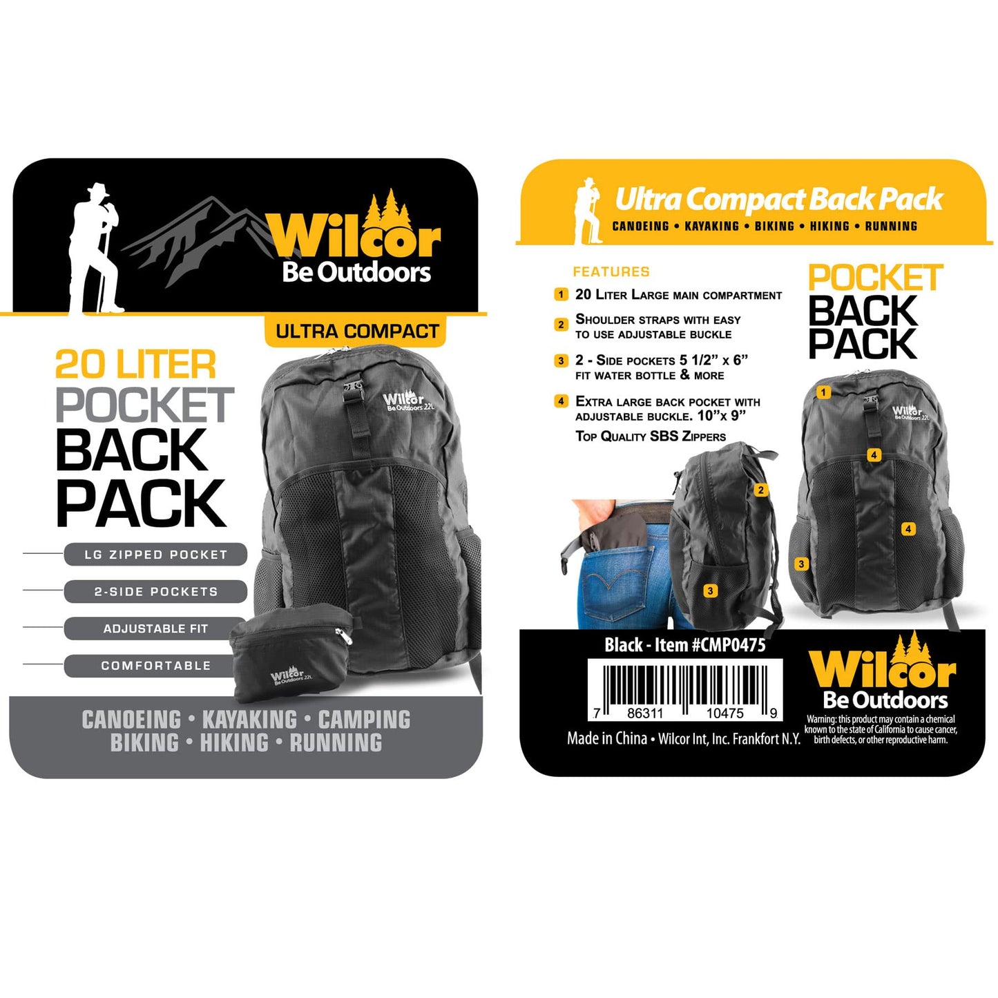 Wilcor Pocket Fold Backpack 20L, Black, Ultralight Packable Backpack, Expandable Travel Daypack for Men Women
