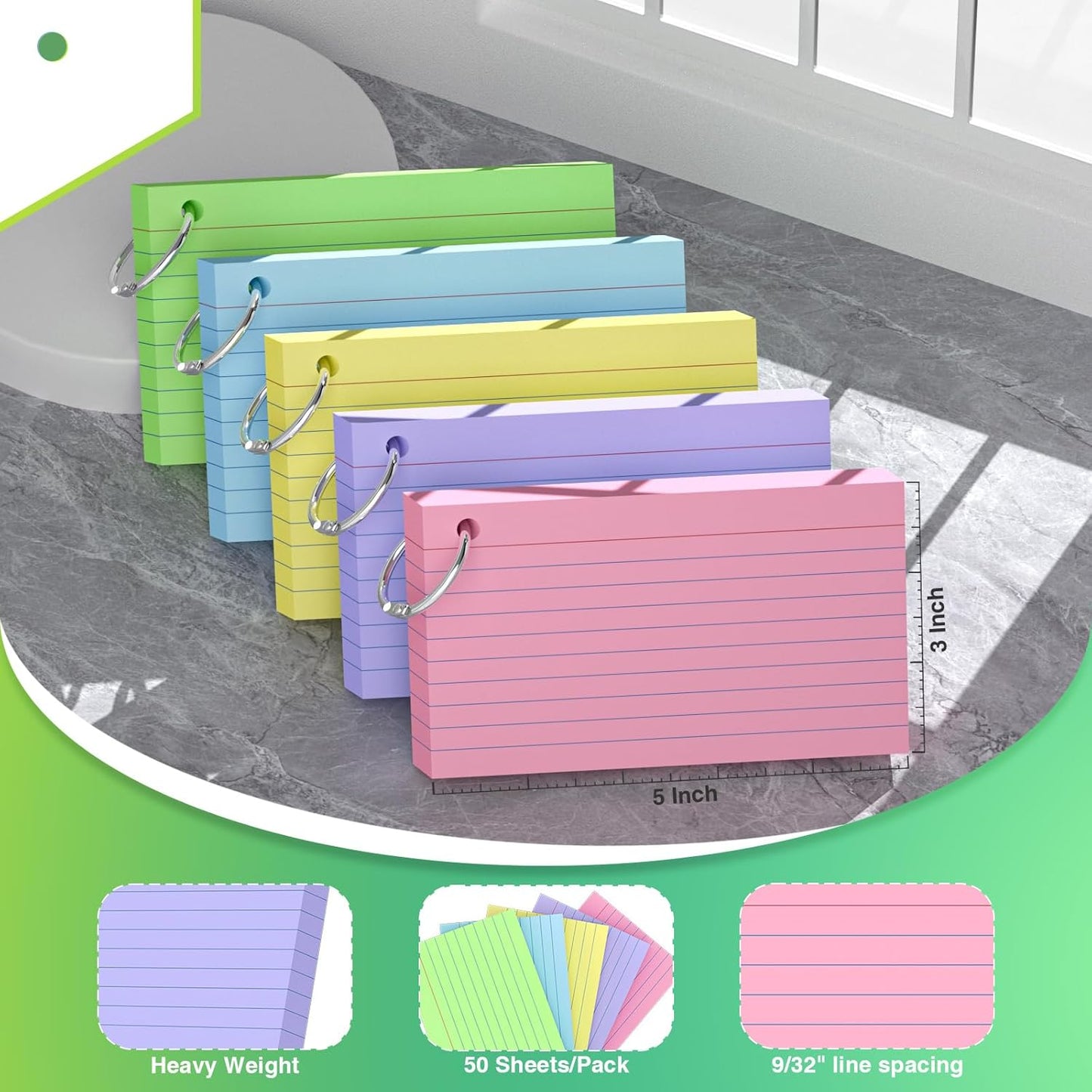 250 Count Pink Index Cards with Ring 3 x 5 Inch Heavyweight Ruled Index Cards, Flash Cards for School & Office Supplies and Home Organization, Durable Study To Do List Note Cards with Ruled Lines