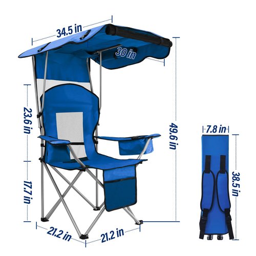 MKSY Beach Chair with Canopy Shade, Folding Camping Chair Support to 330LBS, Outdoor Chair with Cup Holder & Cooler Bag for Travel Hiking,Fishing(Blue)