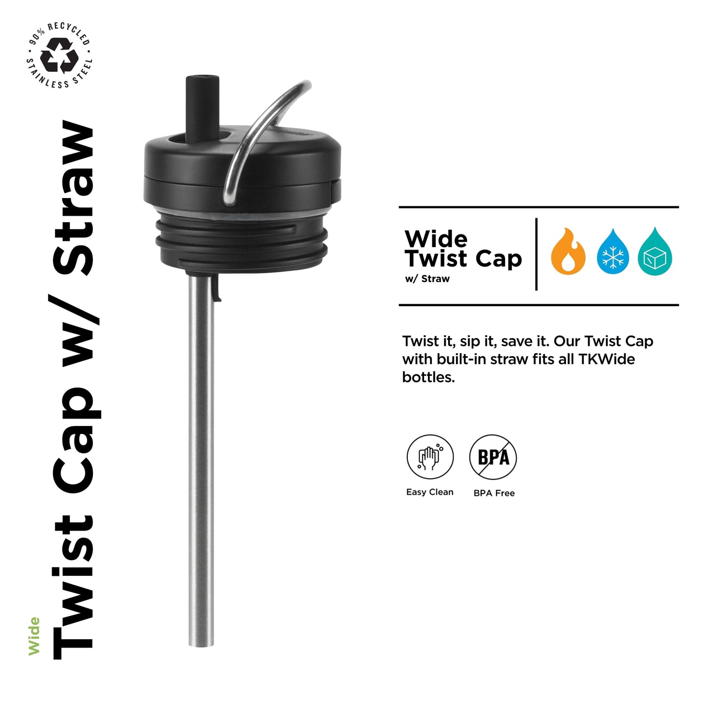 Klean Kanteen TKWide Twist Cap with Straw Kit - Reusable Straw Lid - Premium Water Bottle Accessories - Leak Proof & Dishwasher Safe - Black