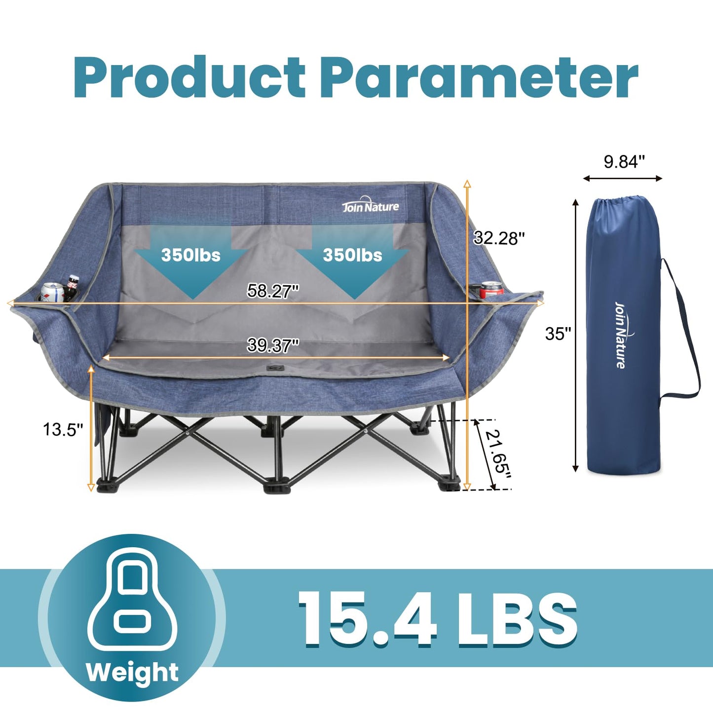 Join Nature 700lbs Capacity Double Camping Chair for 2 Adults - Low-Profile Outdoor Loveseat with XL Cup Holders & Storage Pockets, Heavy Duty Folding Couch for Camping, Lawn, Backyard (Navy Blue)
