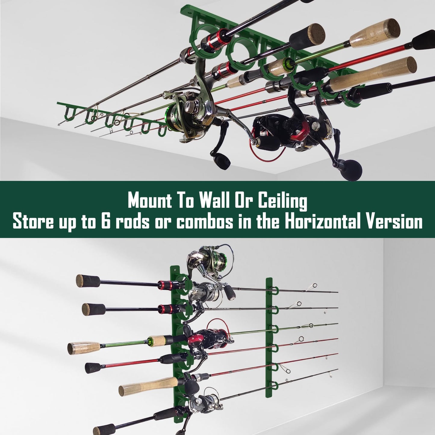 Aventik Vertical/Horizontal Fishing Rod Holder For Garage, Wall, Ceiling Holds Up To 6/12 Fishing Pole Holders (Green)